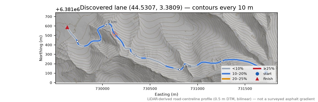 Discovered lane (44.5307, 3.3809) LiDAR hillshade map with contours