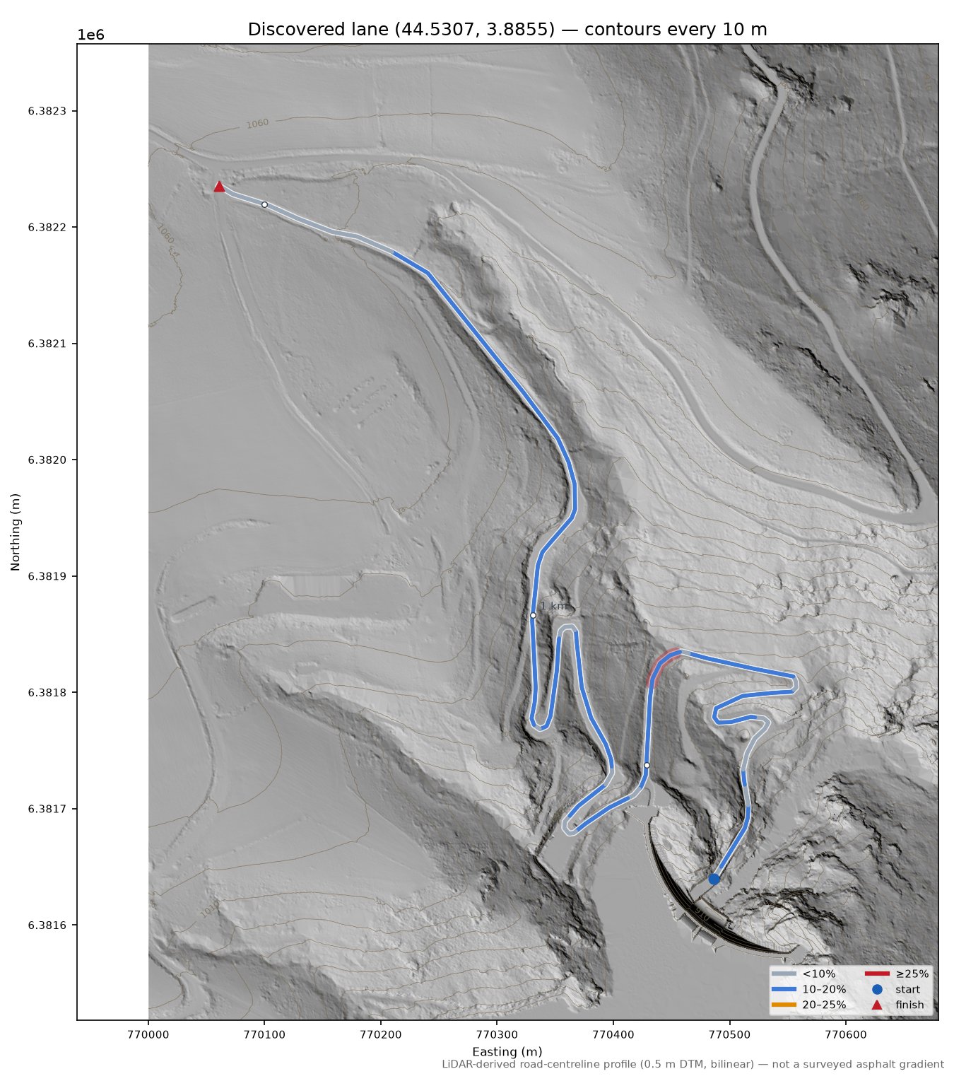 Discovered lane (44.5307, 3.8855) LiDAR hillshade map with contours