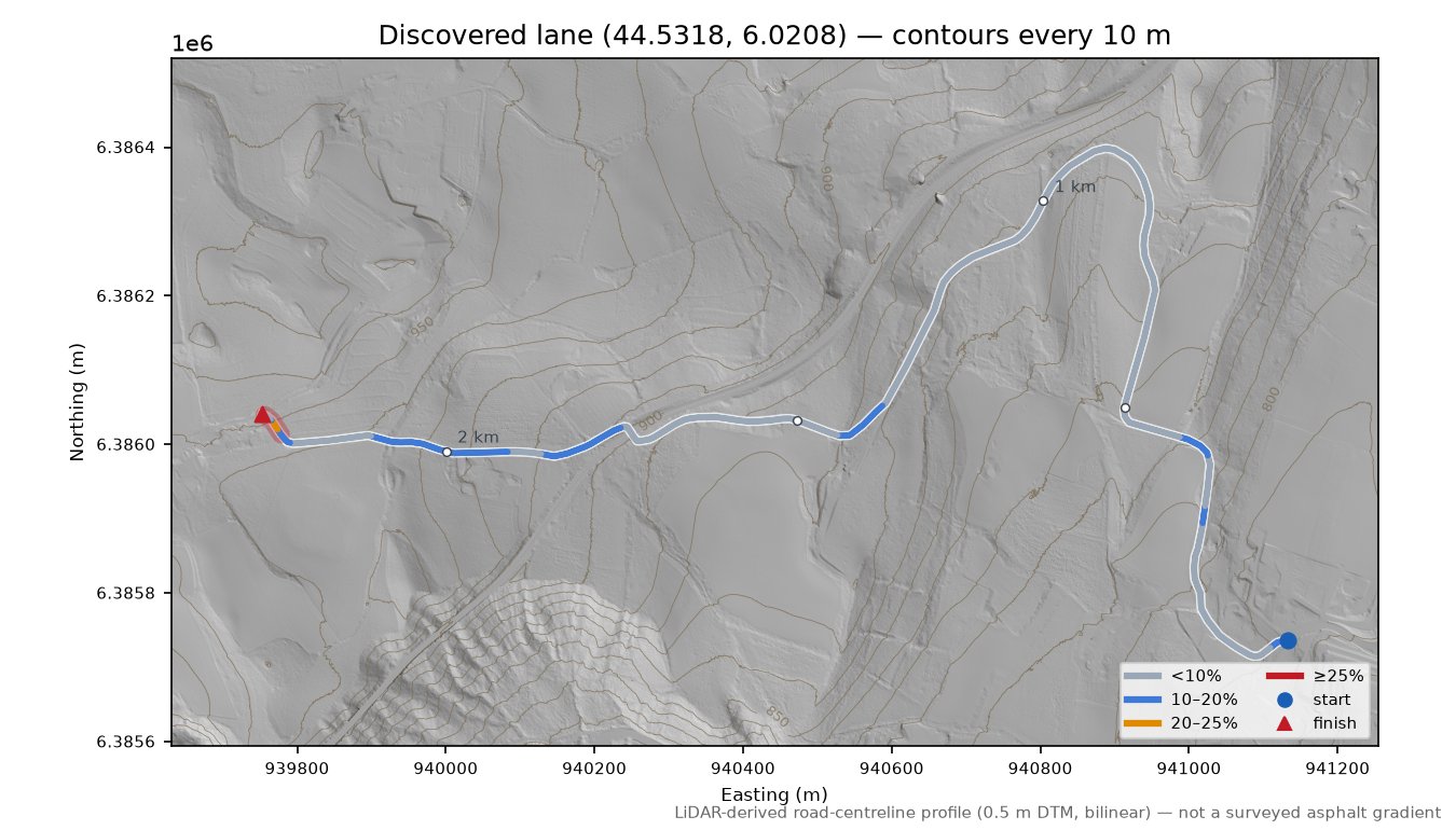 Discovered lane (44.5318, 6.0208) LiDAR hillshade map with contours