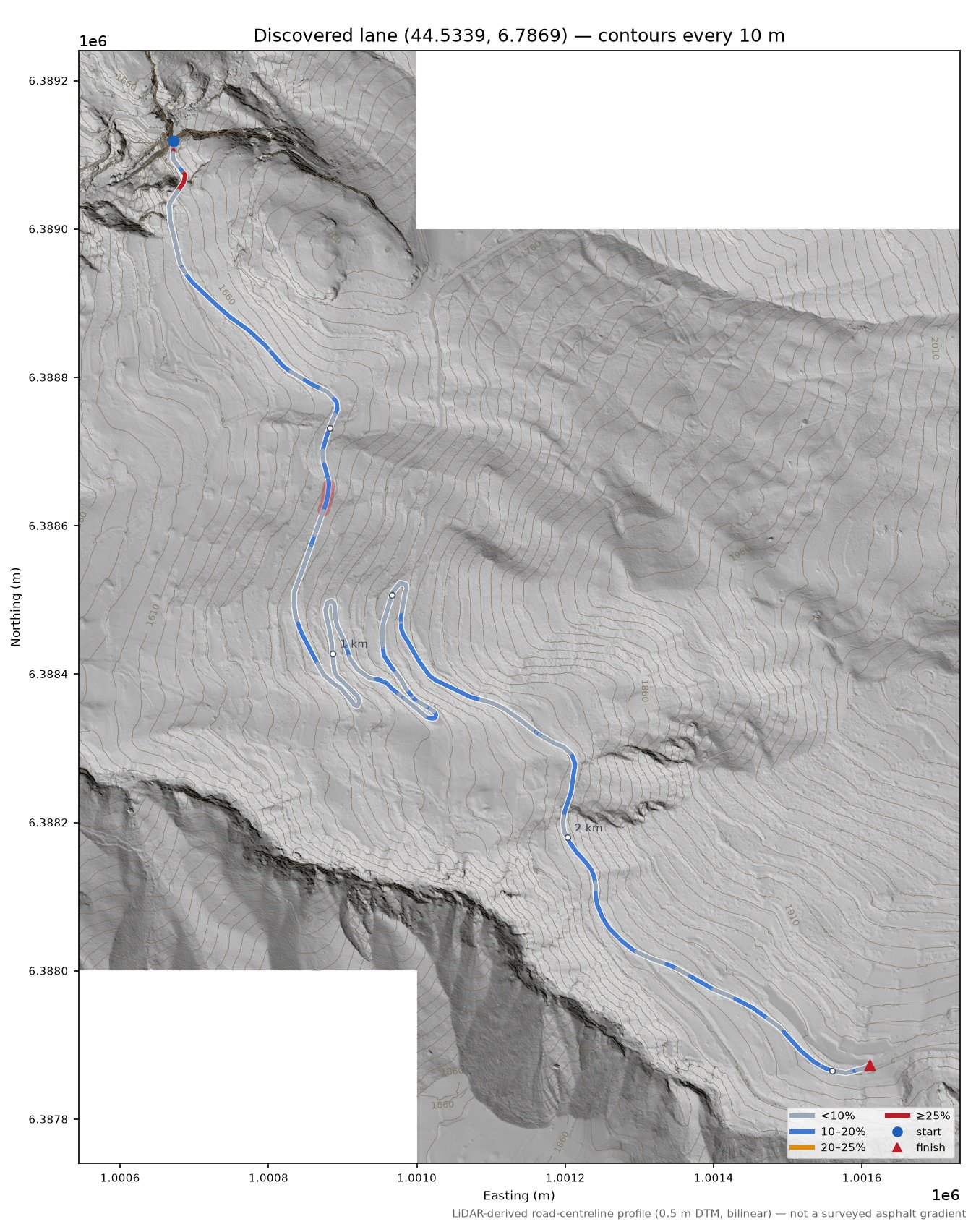 Discovered lane (44.5339, 6.7869) LiDAR hillshade map with contours
