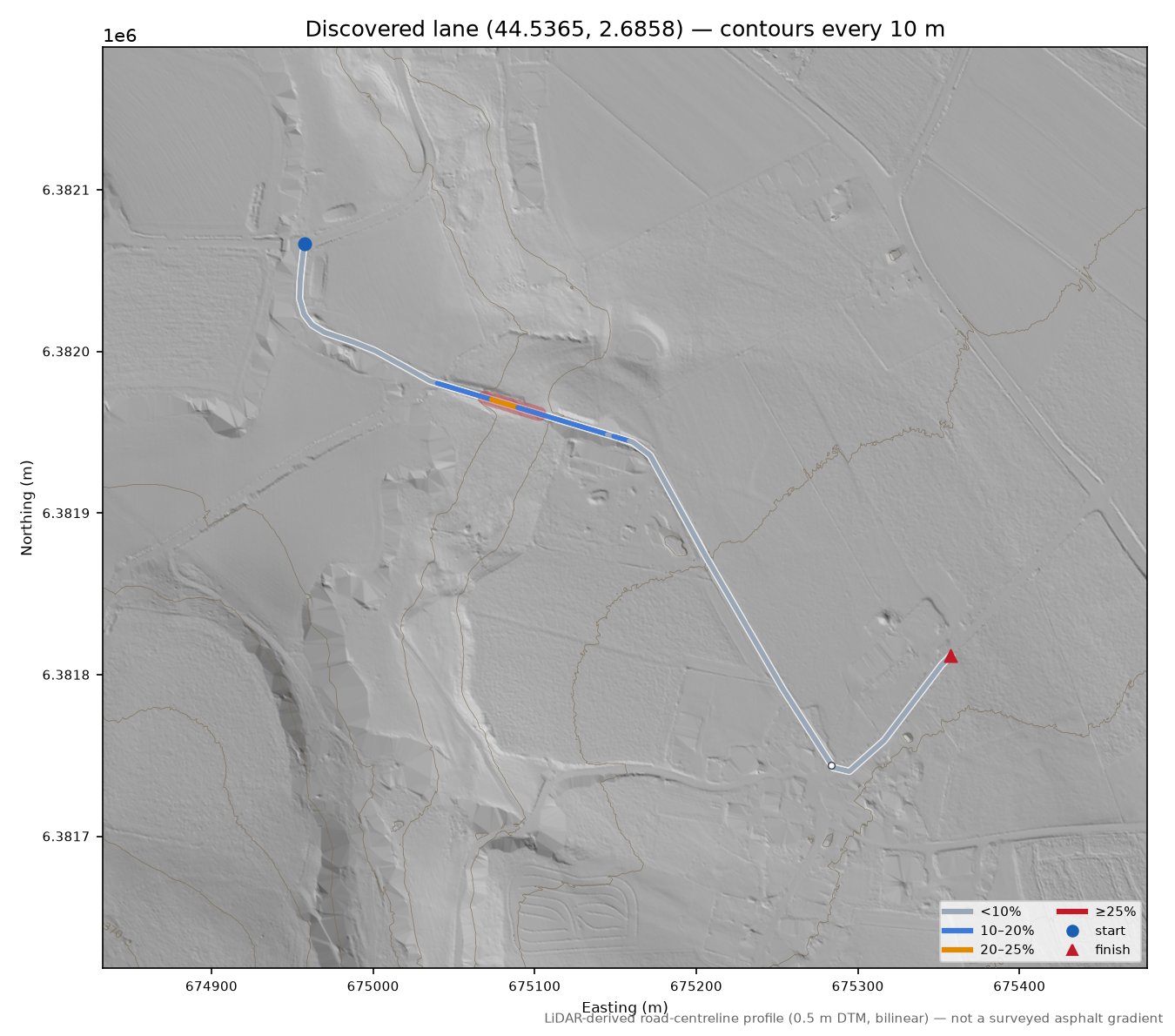 Discovered lane (44.5365, 2.6858) LiDAR hillshade map with contours