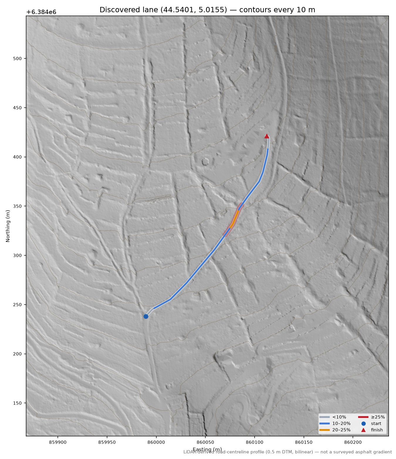 Discovered lane (44.5401, 5.0155) LiDAR hillshade map with contours