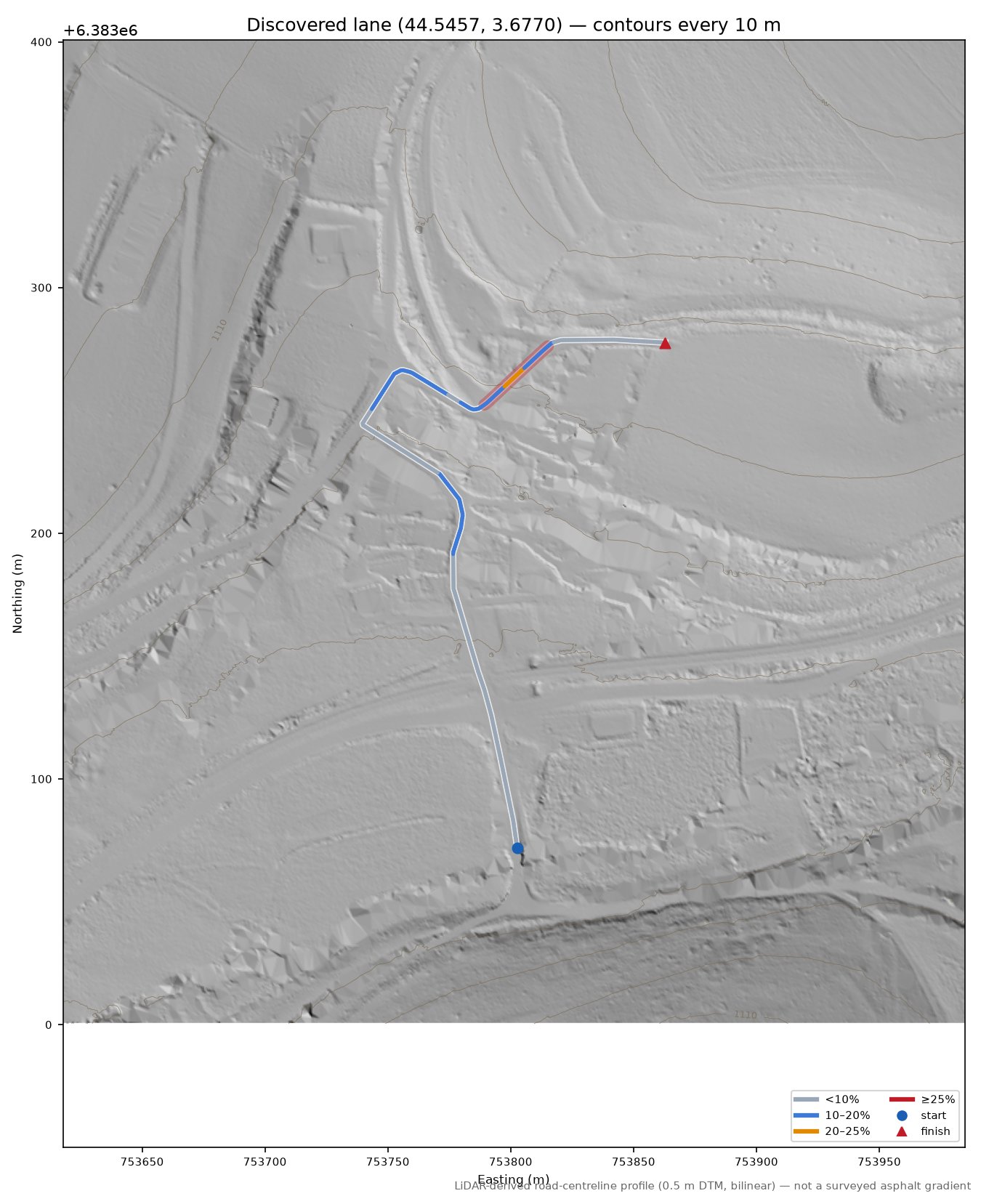 Discovered lane (44.5457, 3.6770) LiDAR hillshade map with contours