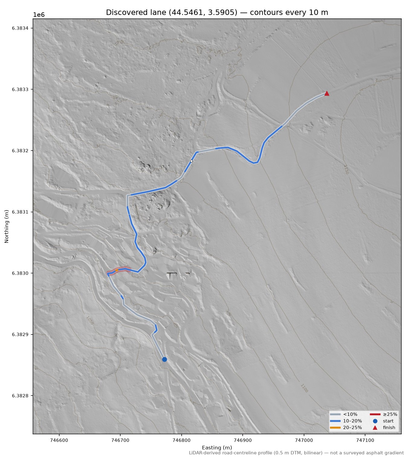 Discovered lane (44.5461, 3.5905) LiDAR hillshade map with contours
