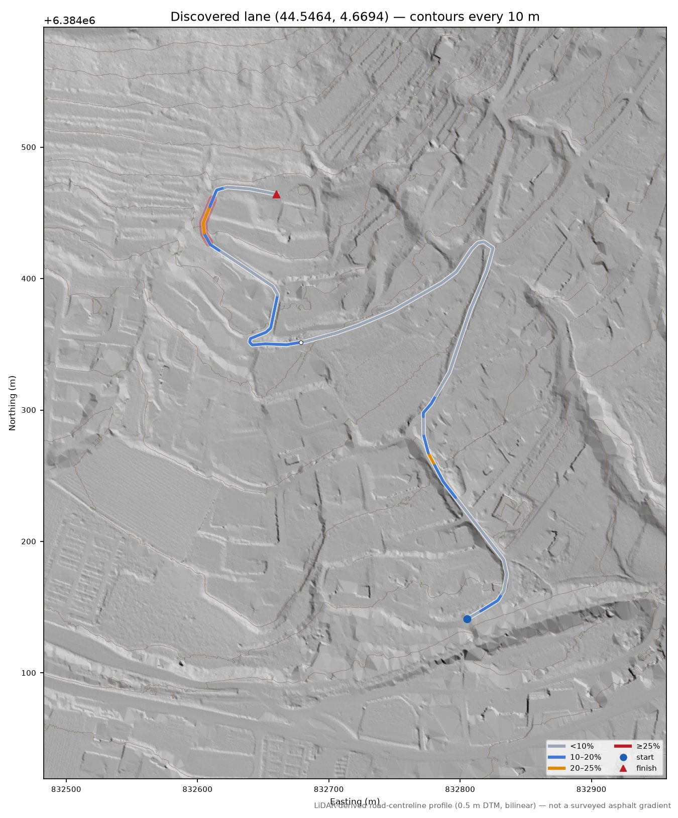 Discovered lane (44.5464, 4.6694) LiDAR hillshade map with contours