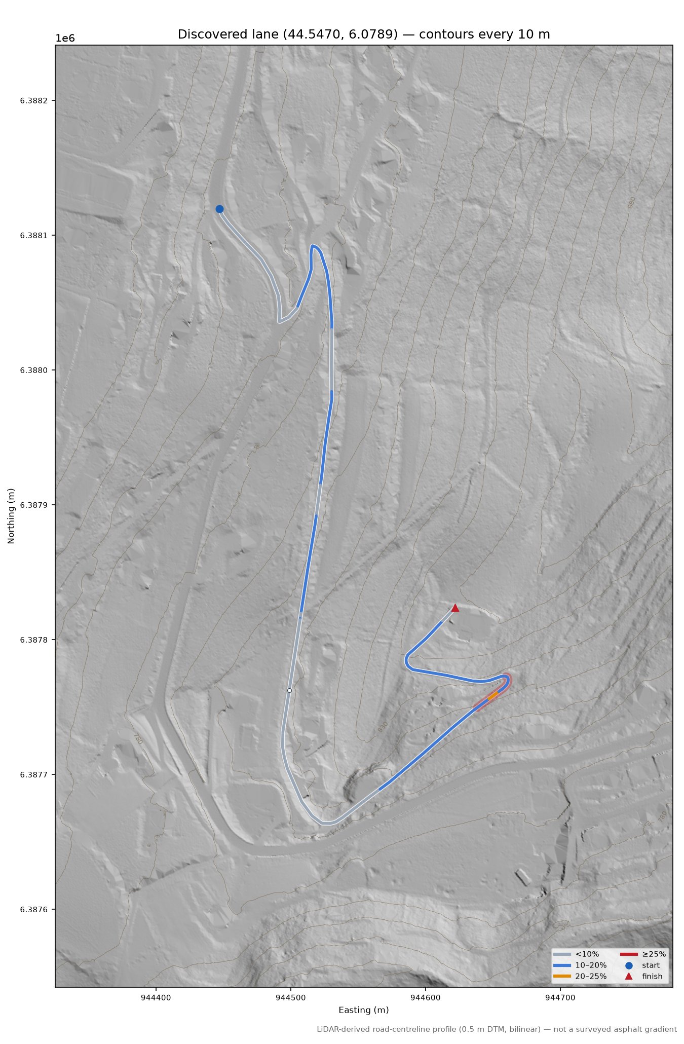Discovered lane (44.5470, 6.0789) LiDAR hillshade map with contours