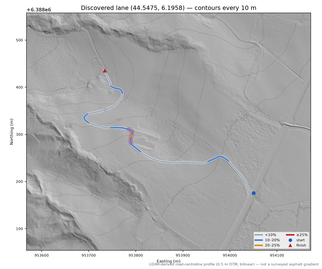 Discovered lane (44.5475, 6.1958) LiDAR hillshade map with contours