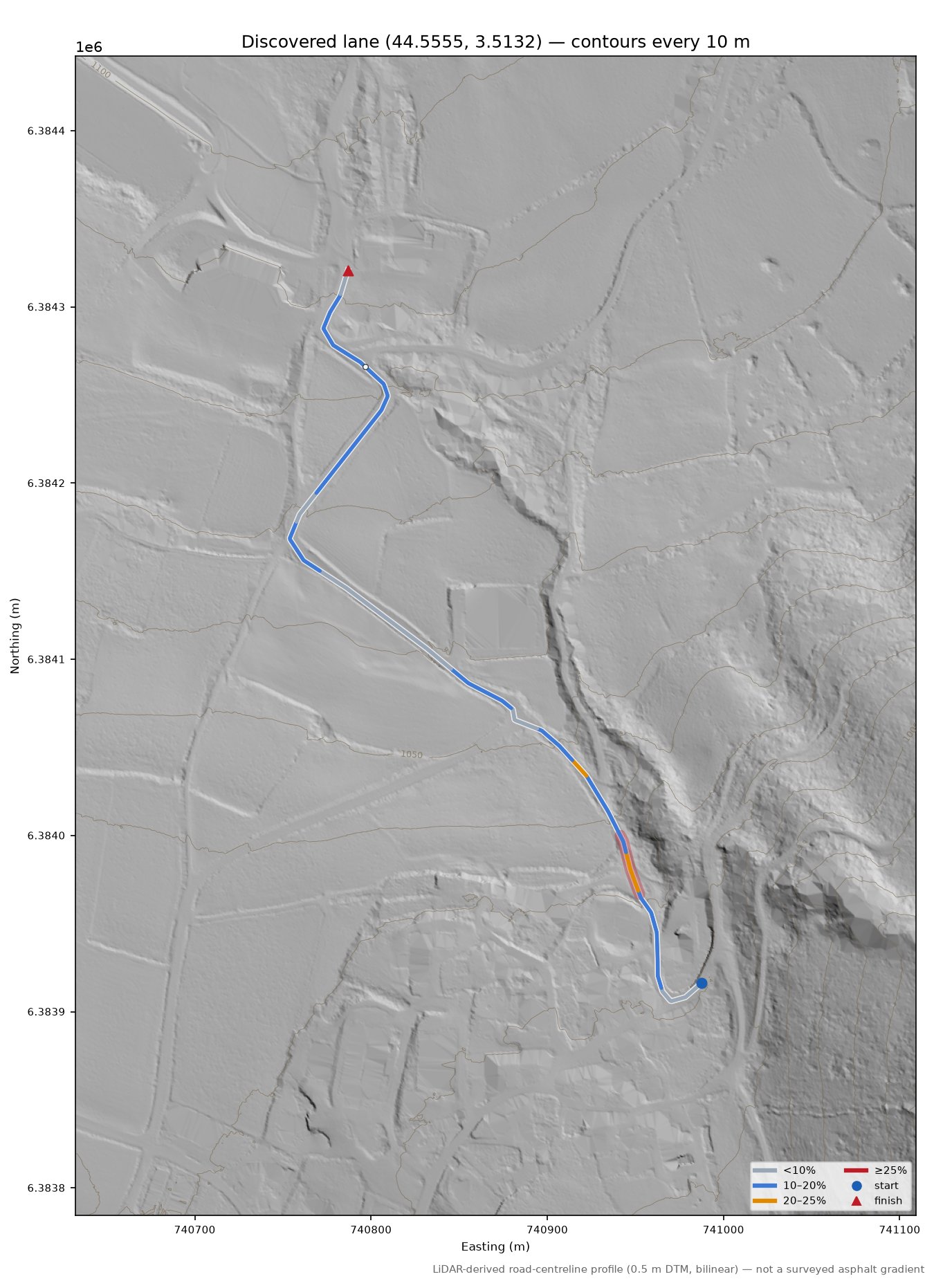 Discovered lane (44.5555, 3.5132) LiDAR hillshade map with contours