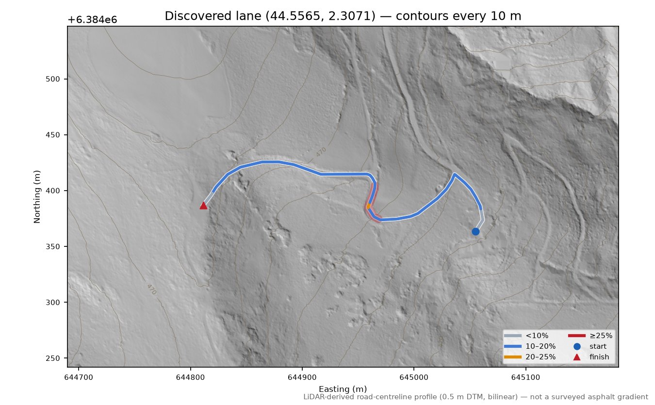 Discovered lane (44.5565, 2.3071) LiDAR hillshade map with contours