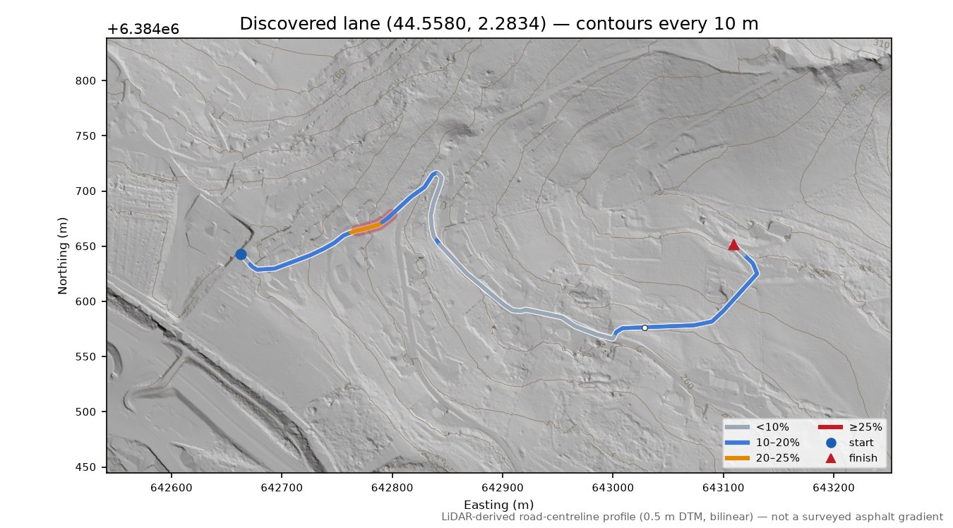 Discovered lane (44.5580, 2.2834) LiDAR hillshade map with contours