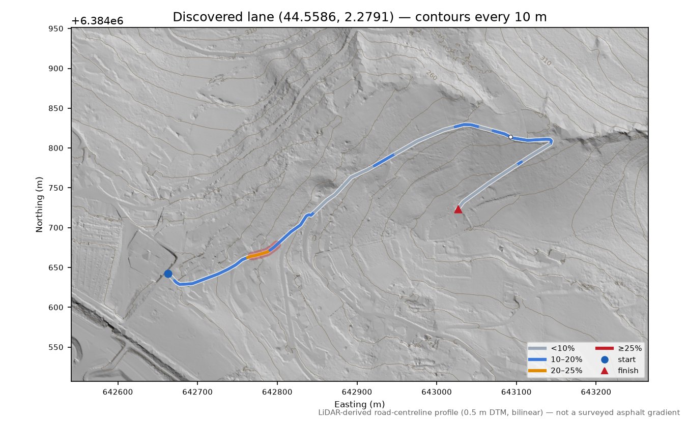 Discovered lane (44.5586, 2.2791) LiDAR hillshade map with contours