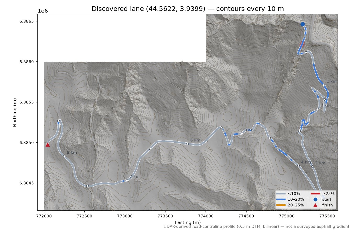 Discovered lane (44.5622, 3.9399) LiDAR hillshade map with contours