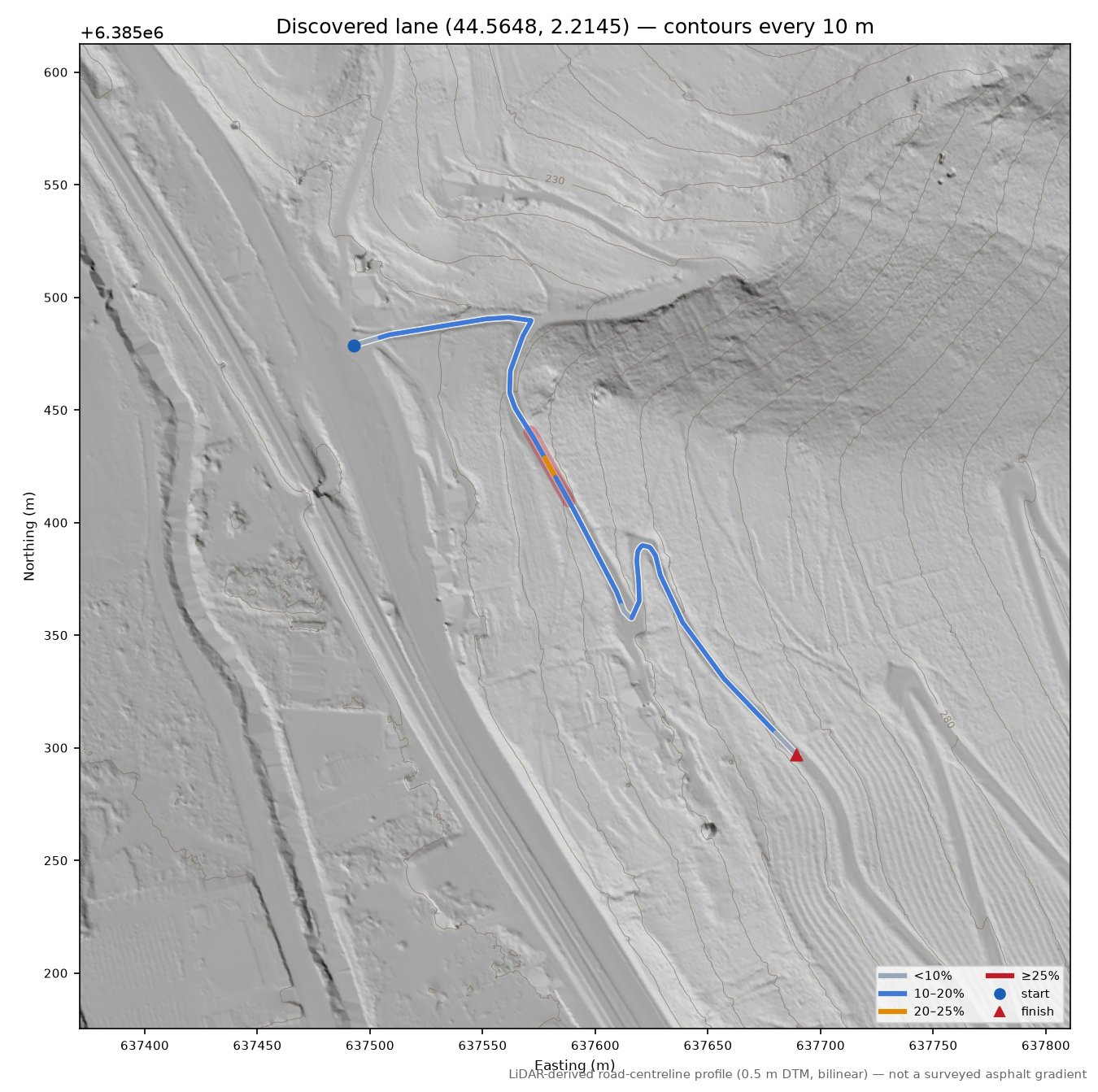 Discovered lane (44.5648, 2.2145) LiDAR hillshade map with contours
