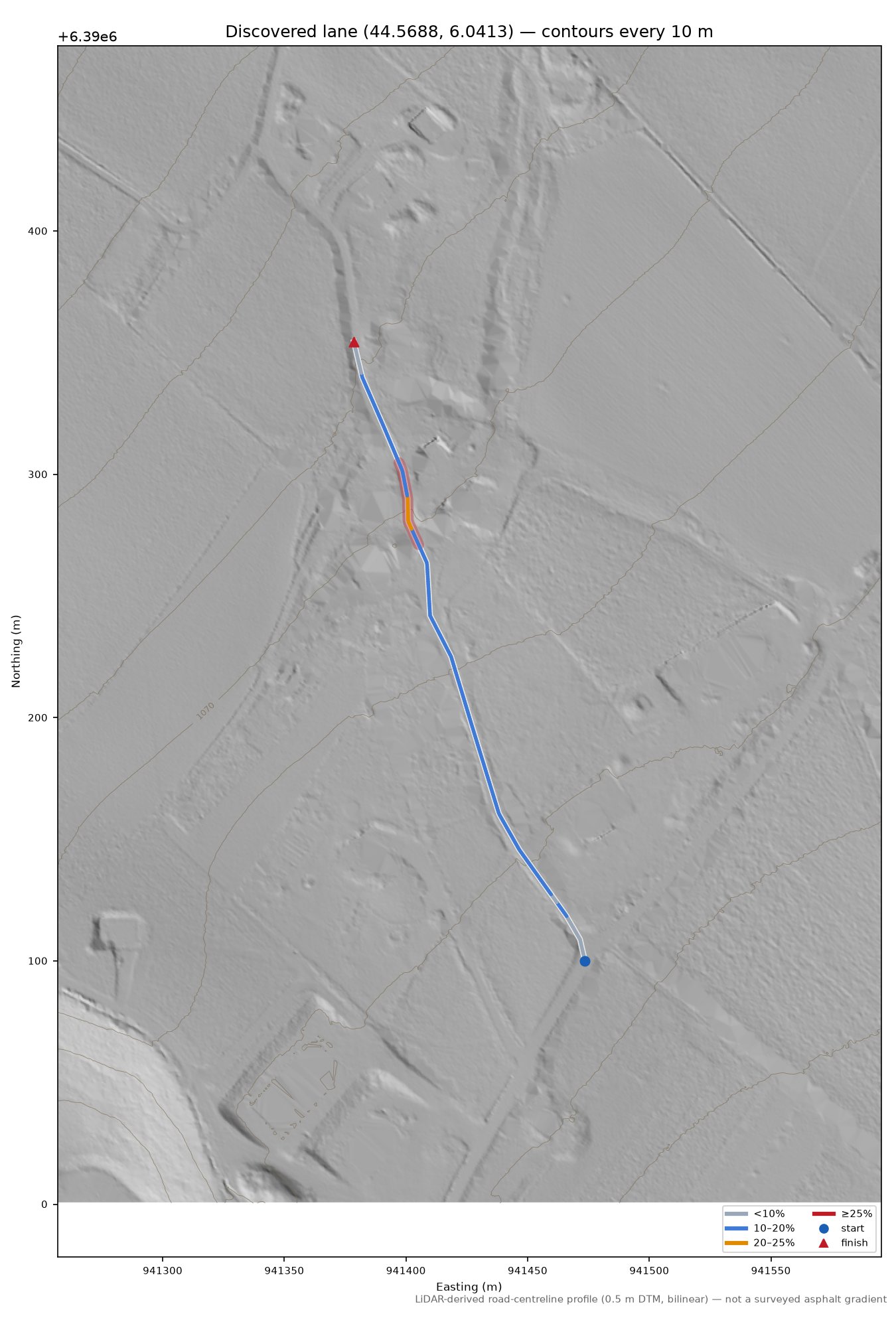 Discovered lane (44.5688, 6.0413) LiDAR hillshade map with contours