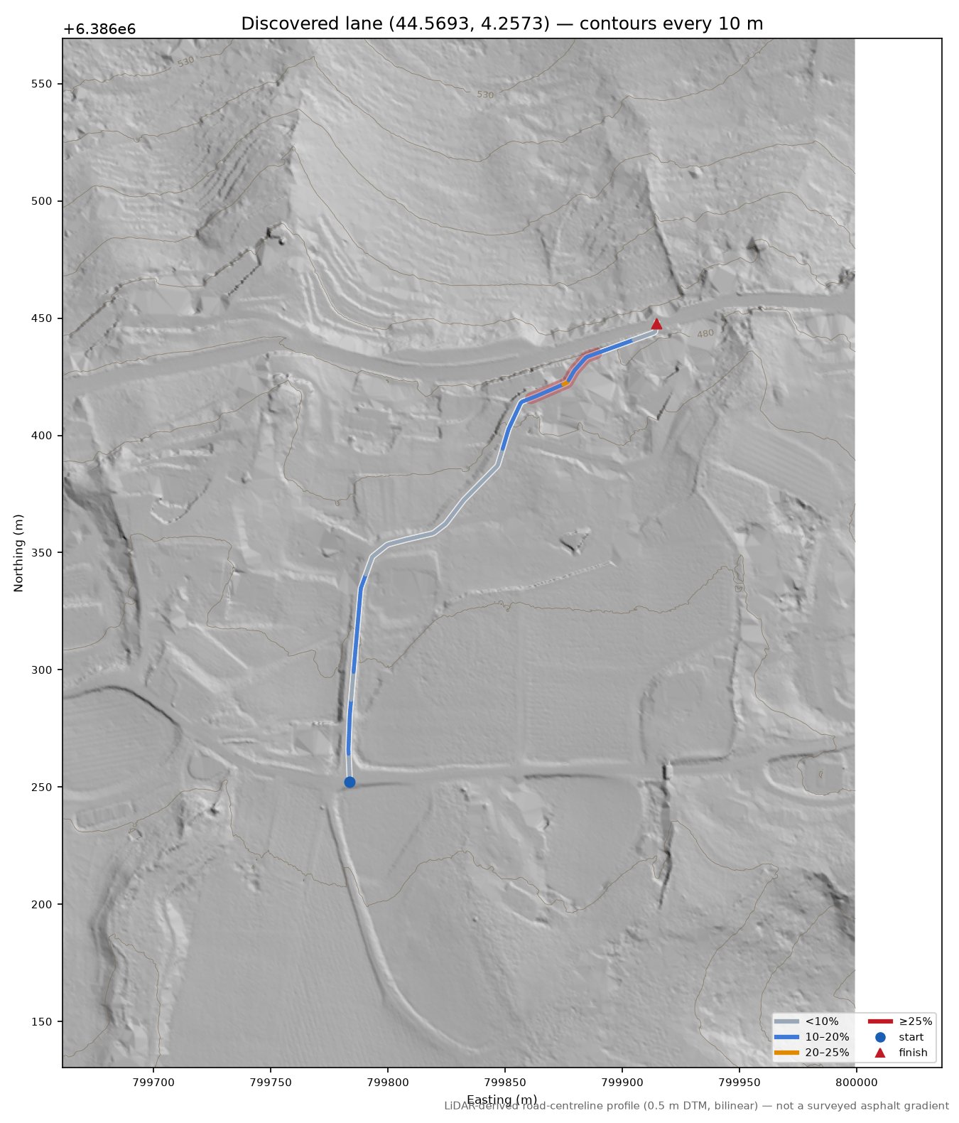 Discovered lane (44.5693, 4.2573) LiDAR hillshade map with contours