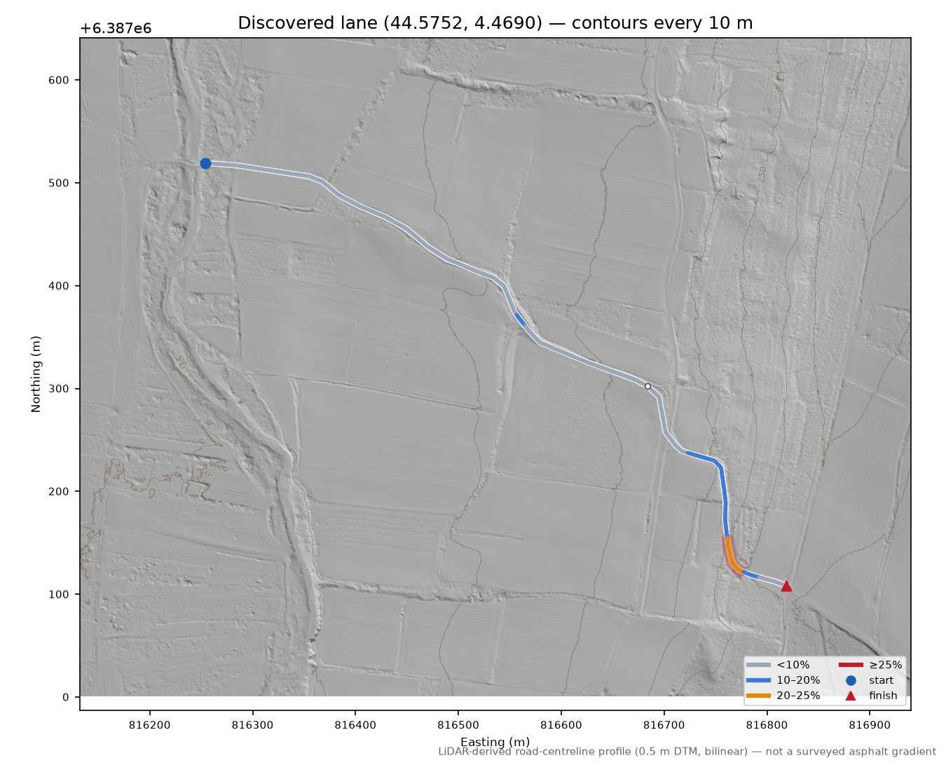 Discovered lane (44.5752, 4.4690) LiDAR hillshade map with contours