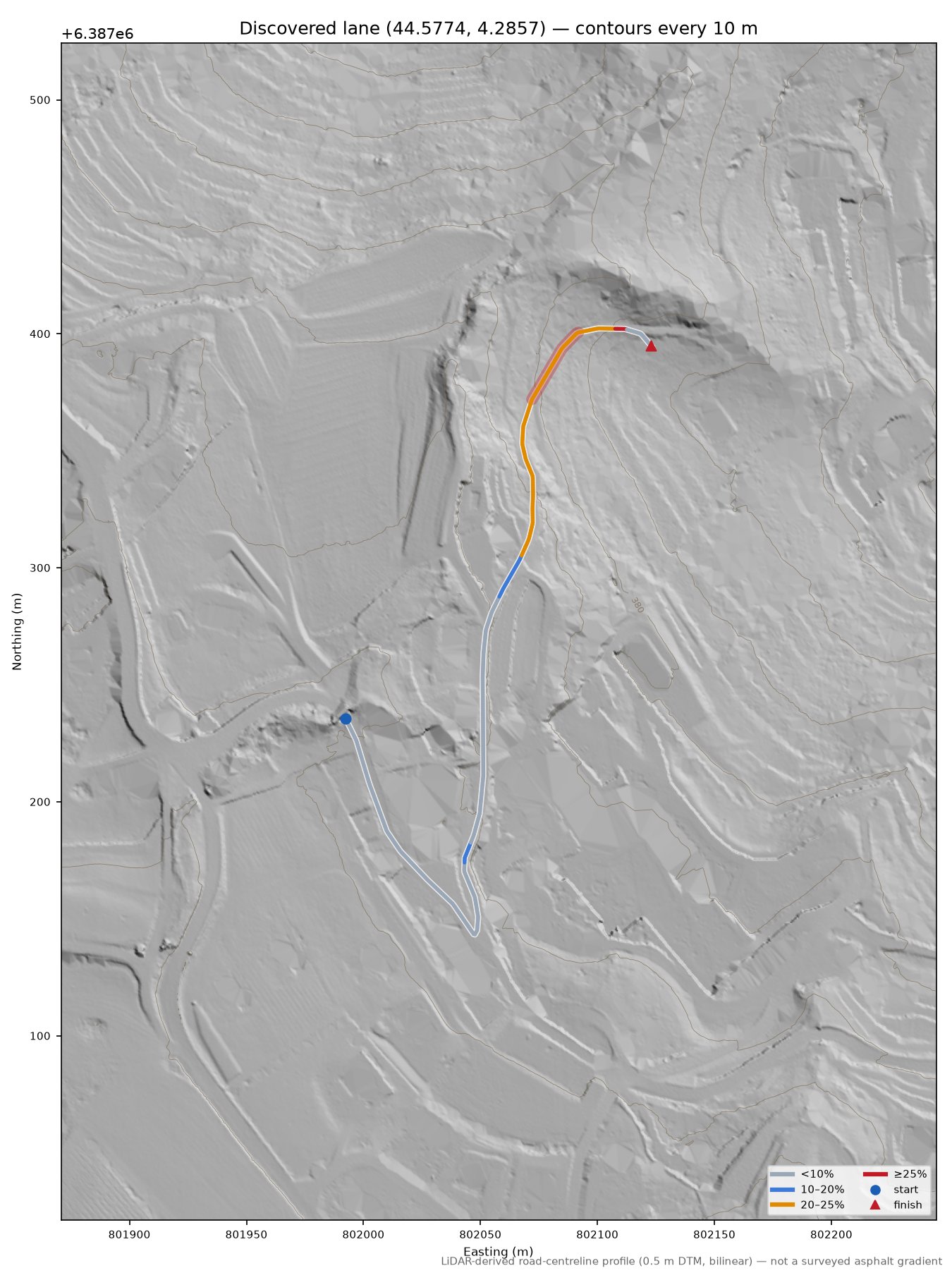 Discovered lane (44.5774, 4.2857) LiDAR hillshade map with contours