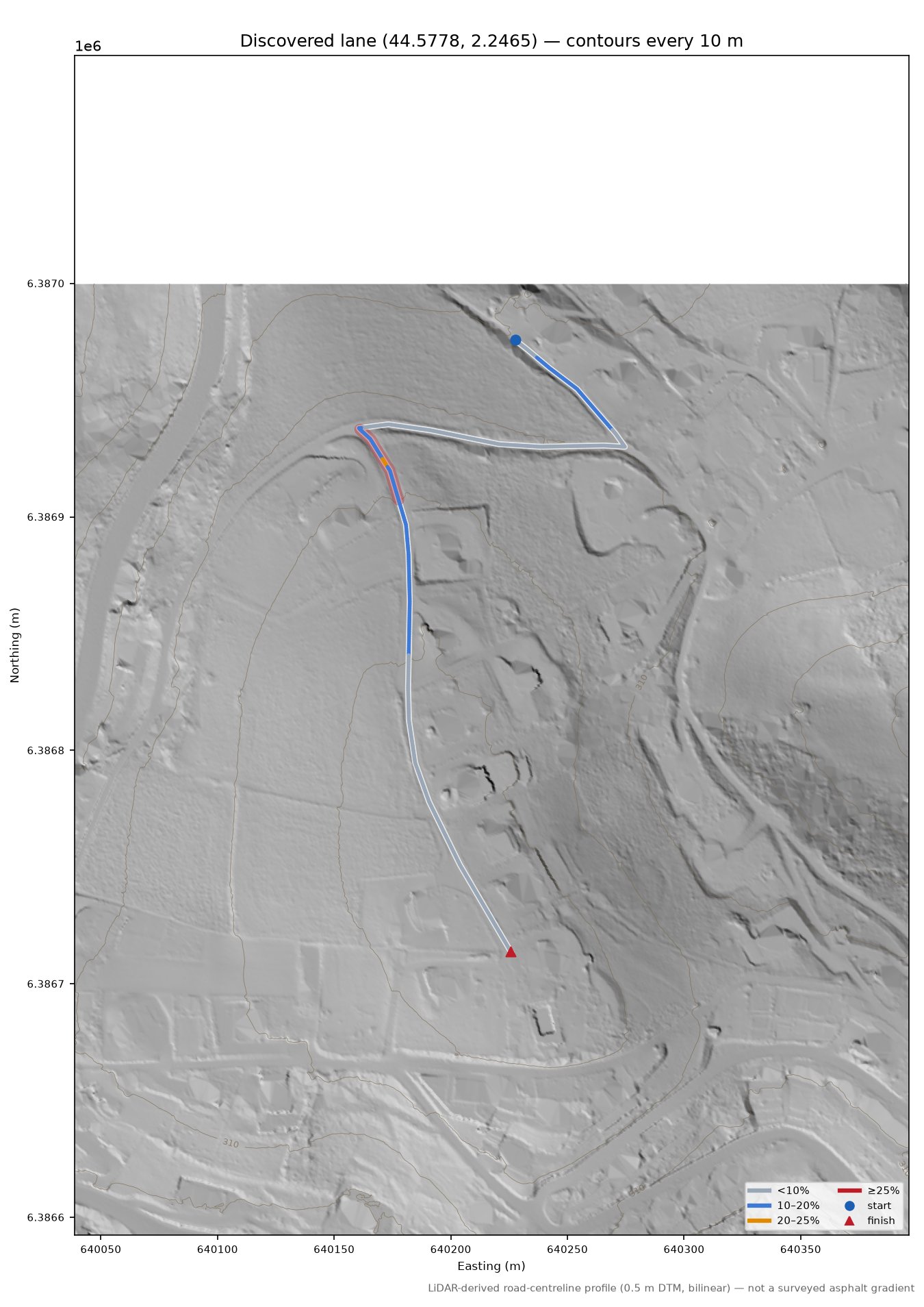 Discovered lane (44.5778, 2.2465) LiDAR hillshade map with contours