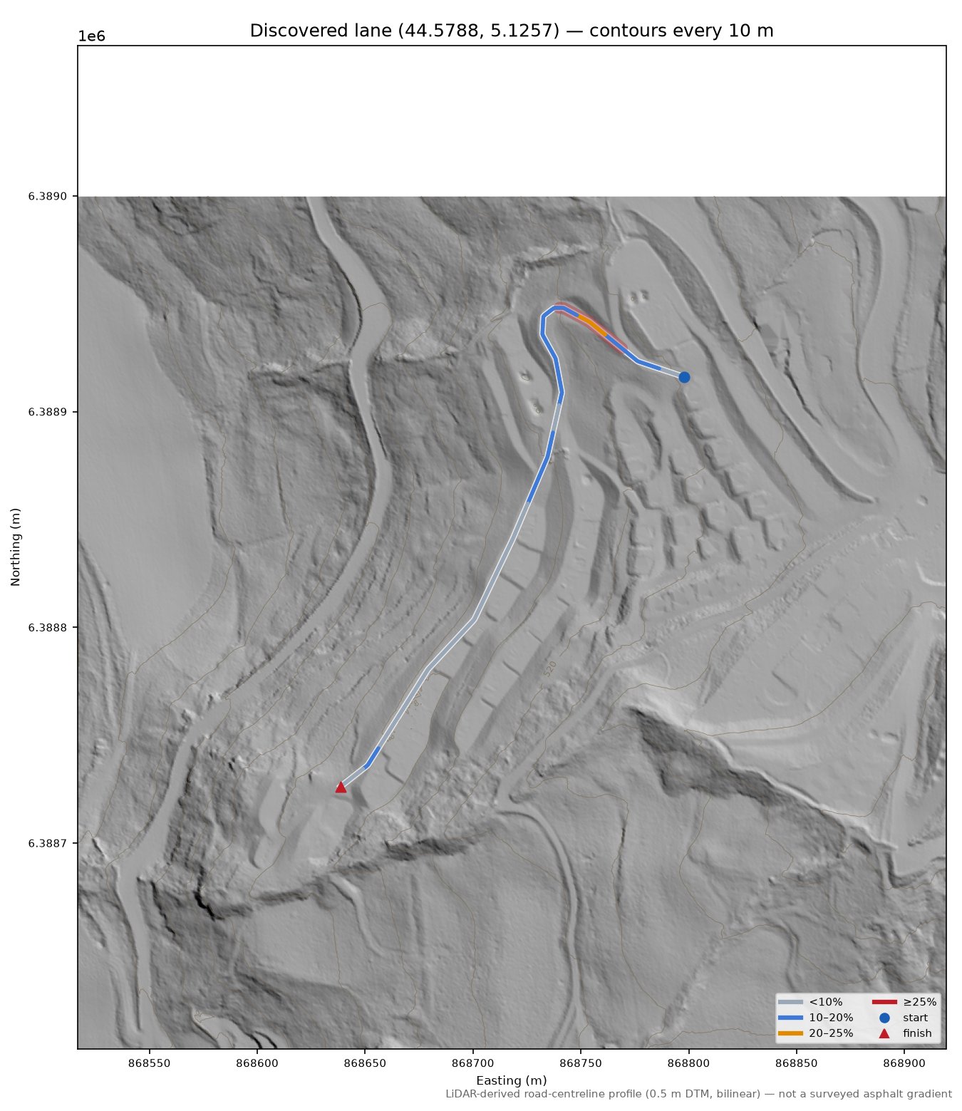 Discovered lane (44.5788, 5.1257) LiDAR hillshade map with contours