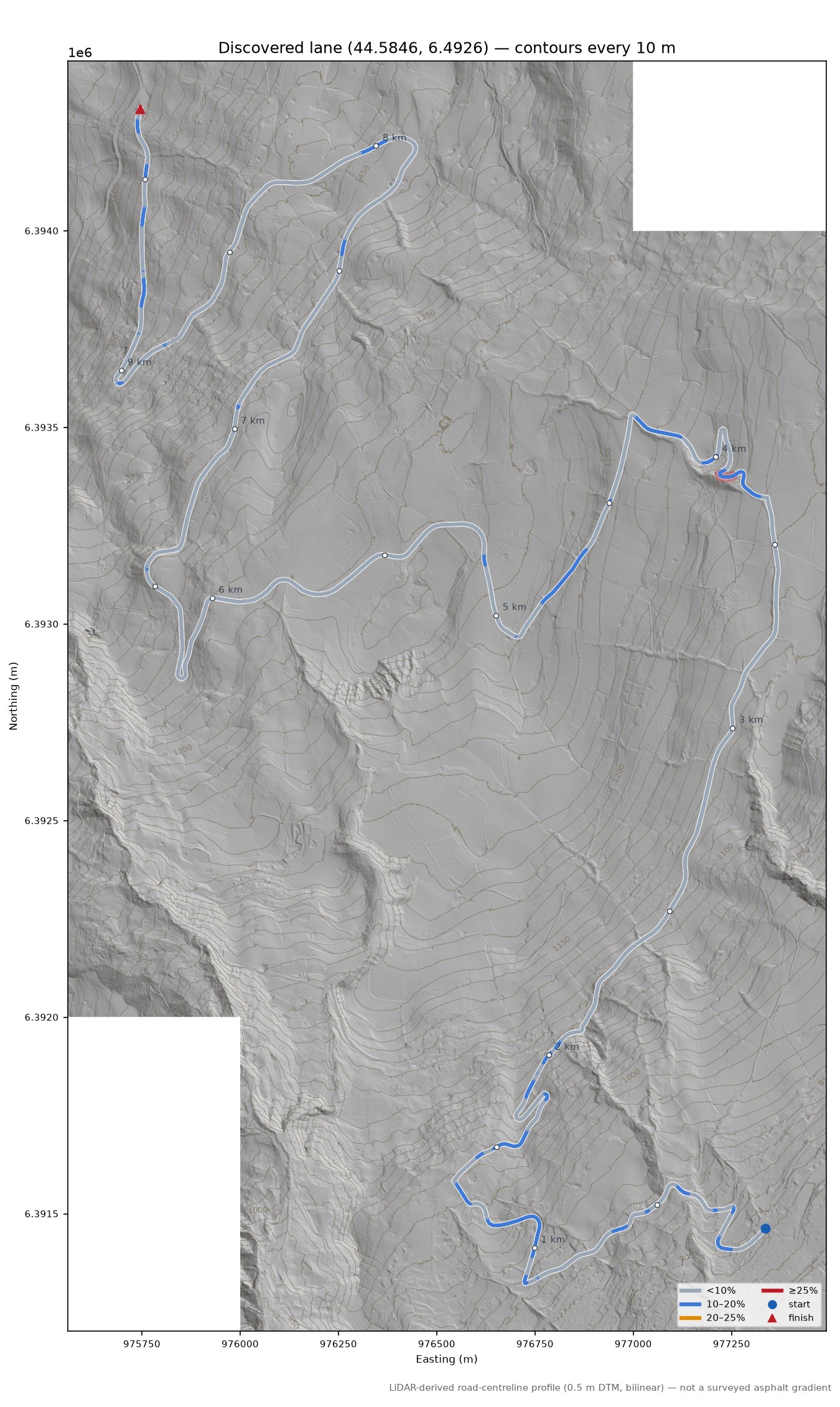 Discovered lane (44.5846, 6.4926) LiDAR hillshade map with contours