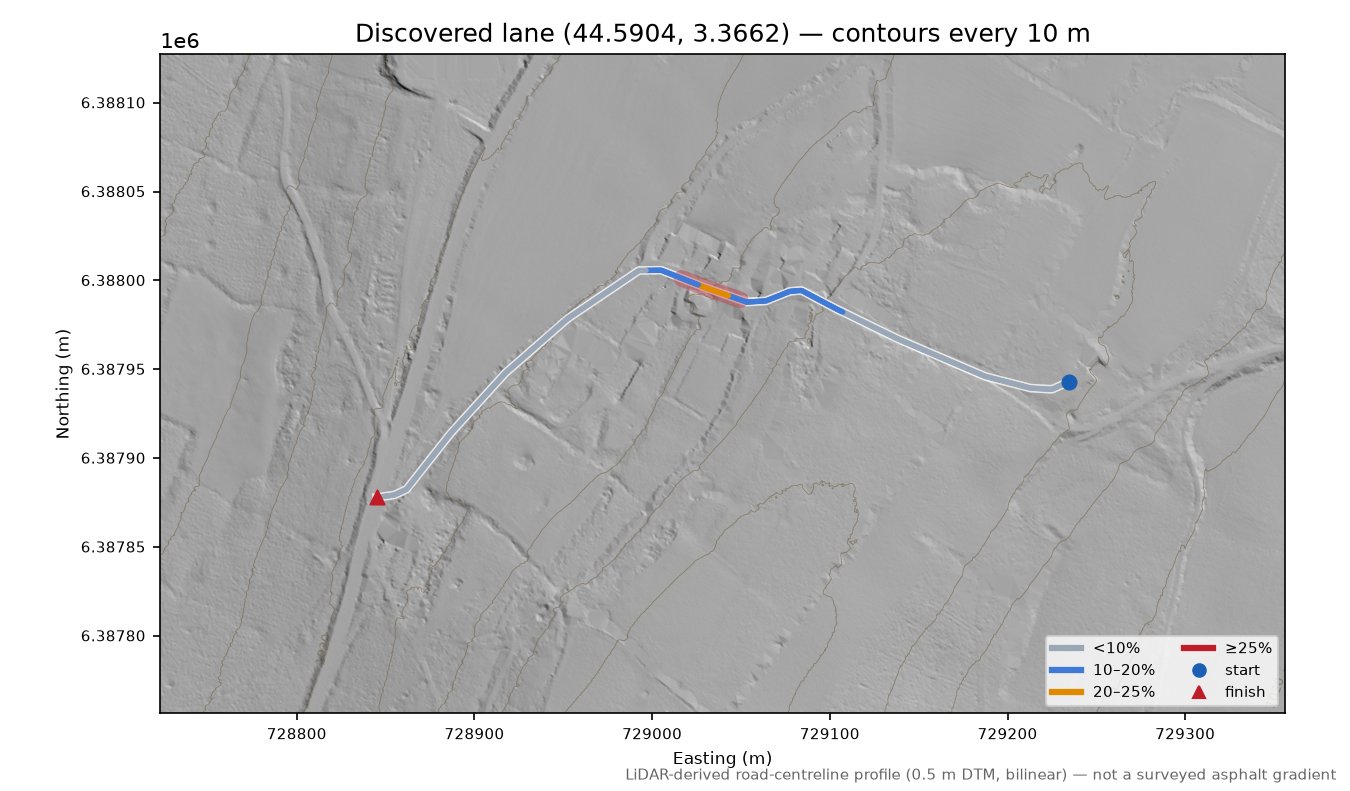 Discovered lane (44.5904, 3.3662) LiDAR hillshade map with contours