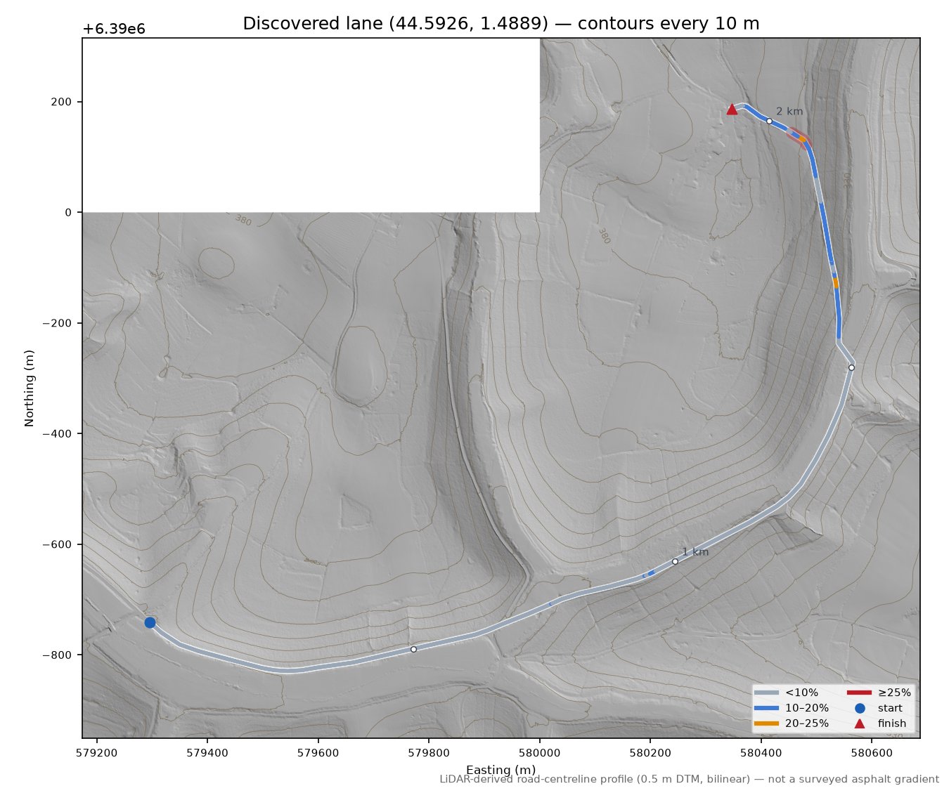 Discovered lane (44.5926, 1.4889) LiDAR hillshade map with contours
