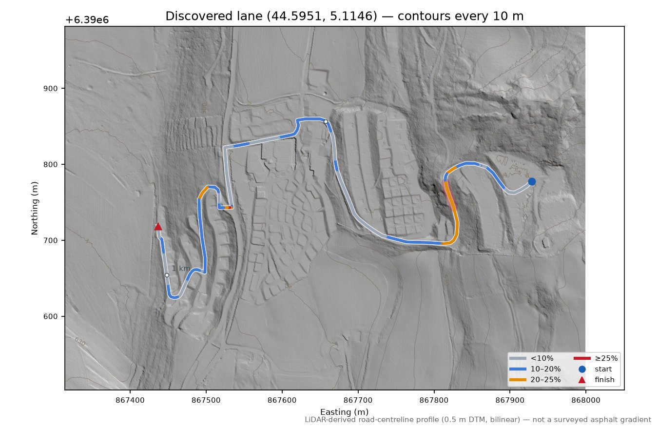 Discovered lane (44.5951, 5.1146) LiDAR hillshade map with contours