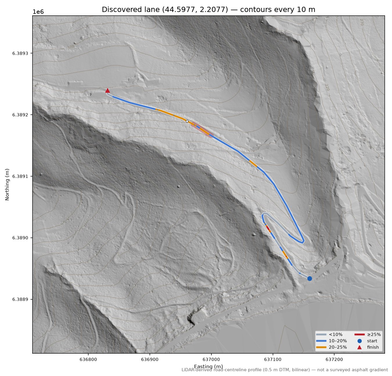 Discovered lane (44.5977, 2.2077) LiDAR hillshade map with contours
