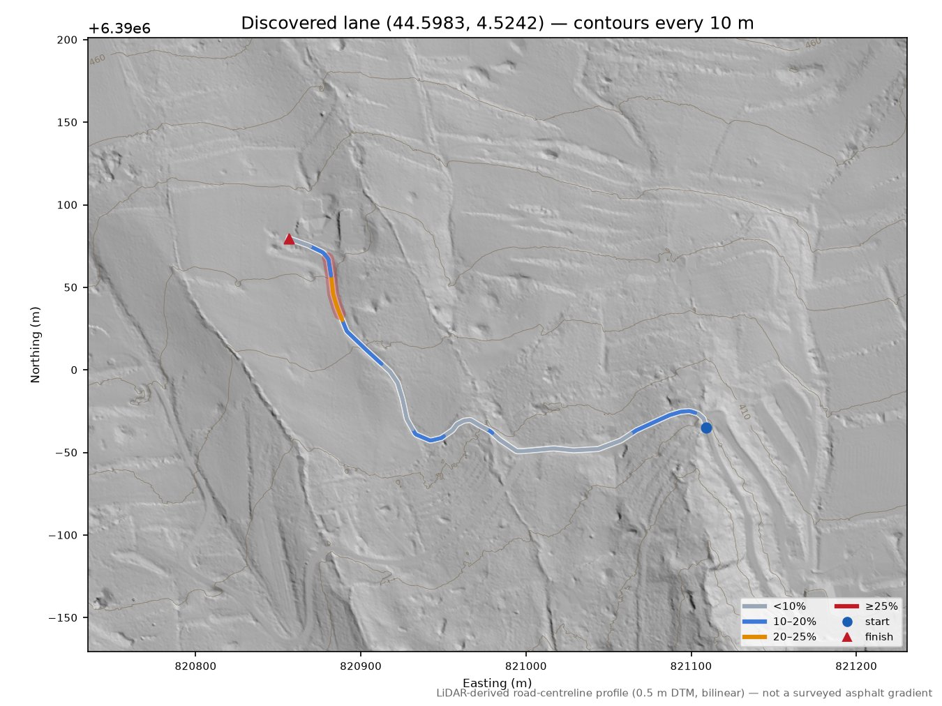 Discovered lane (44.5983, 4.5242) LiDAR hillshade map with contours