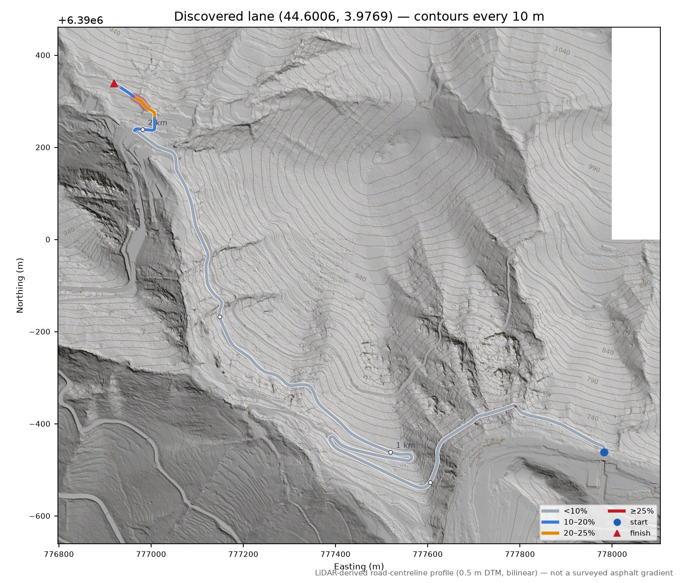 Discovered lane (44.6006, 3.9769) LiDAR hillshade map with contours
