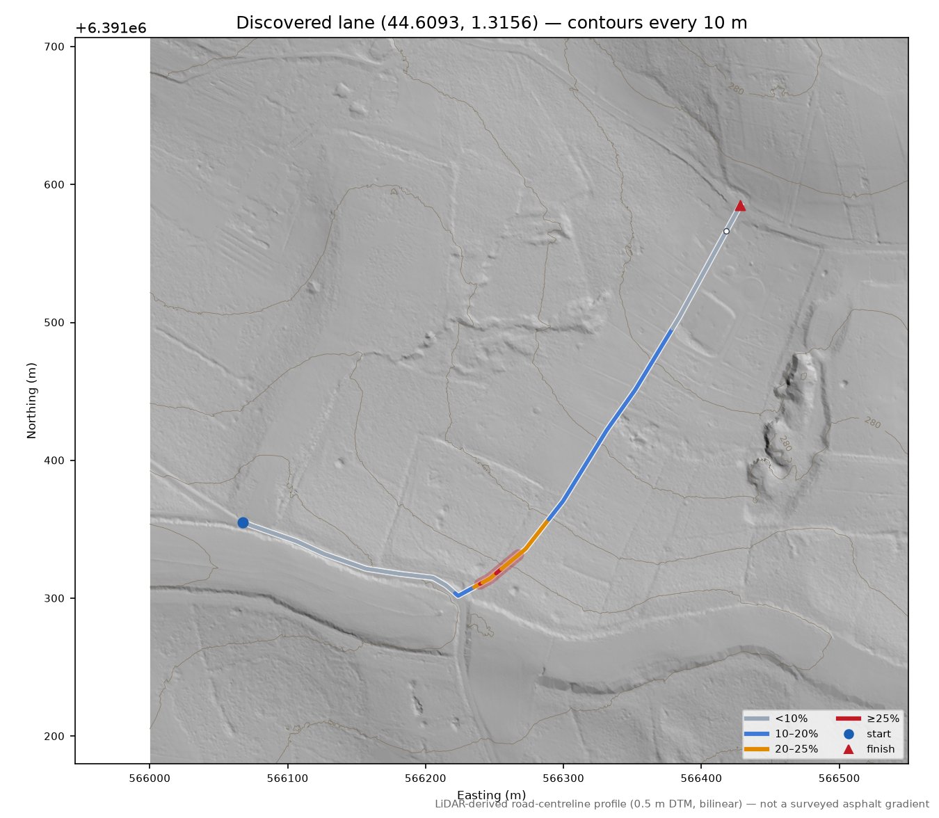 Discovered lane (44.6093, 1.3156) LiDAR hillshade map with contours