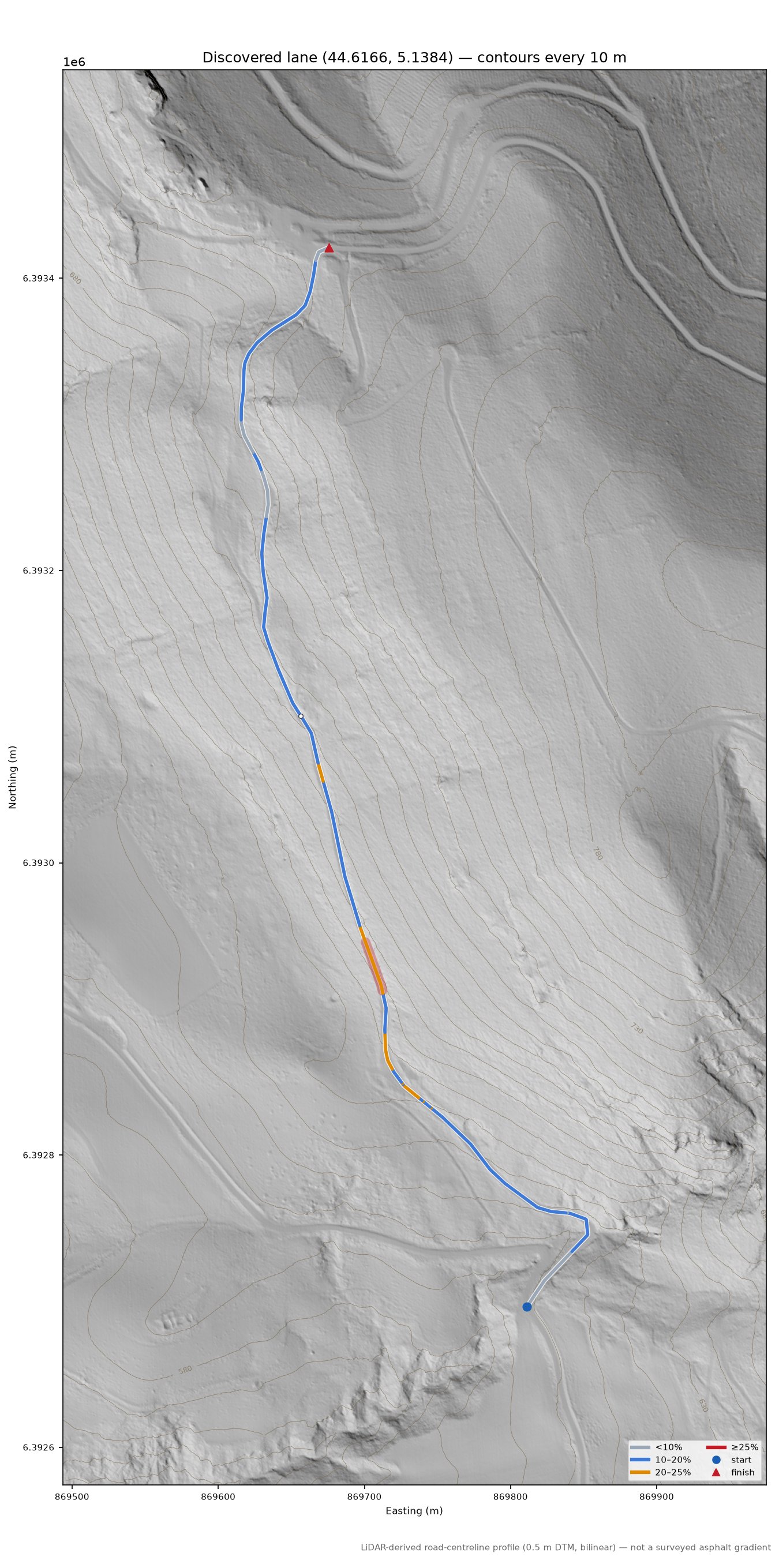 Discovered lane (44.6166, 5.1384) LiDAR hillshade map with contours