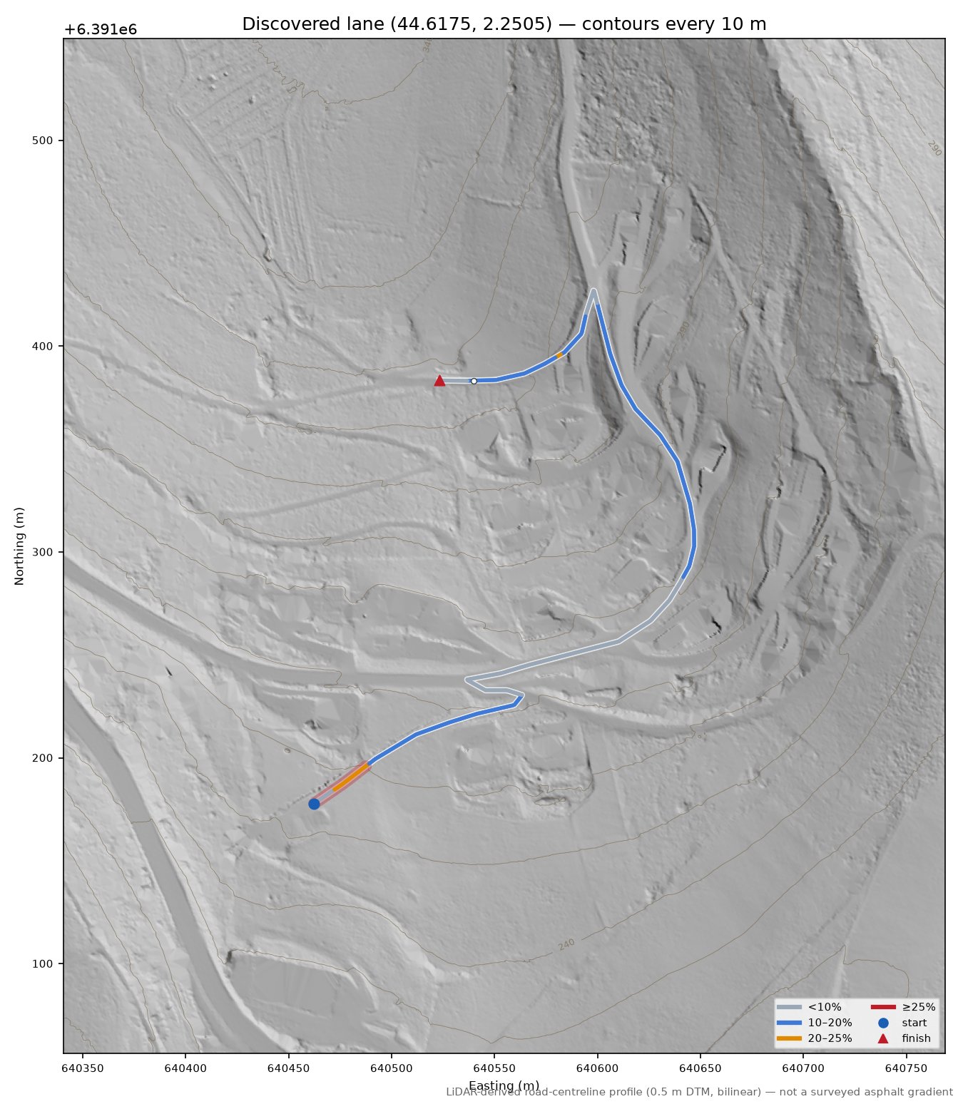 Discovered lane (44.6175, 2.2505) LiDAR hillshade map with contours
