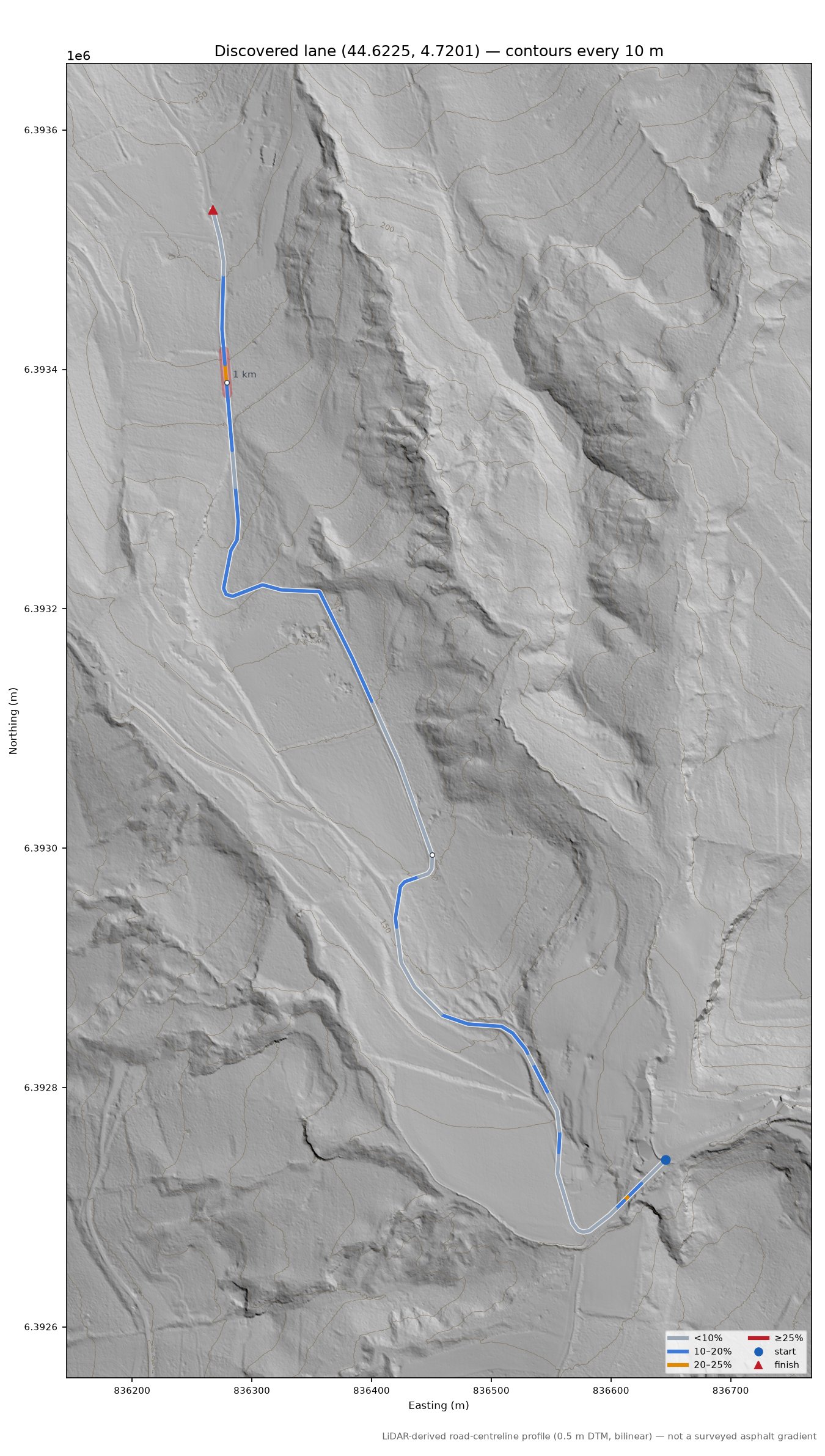 Discovered lane (44.6225, 4.7201) LiDAR hillshade map with contours