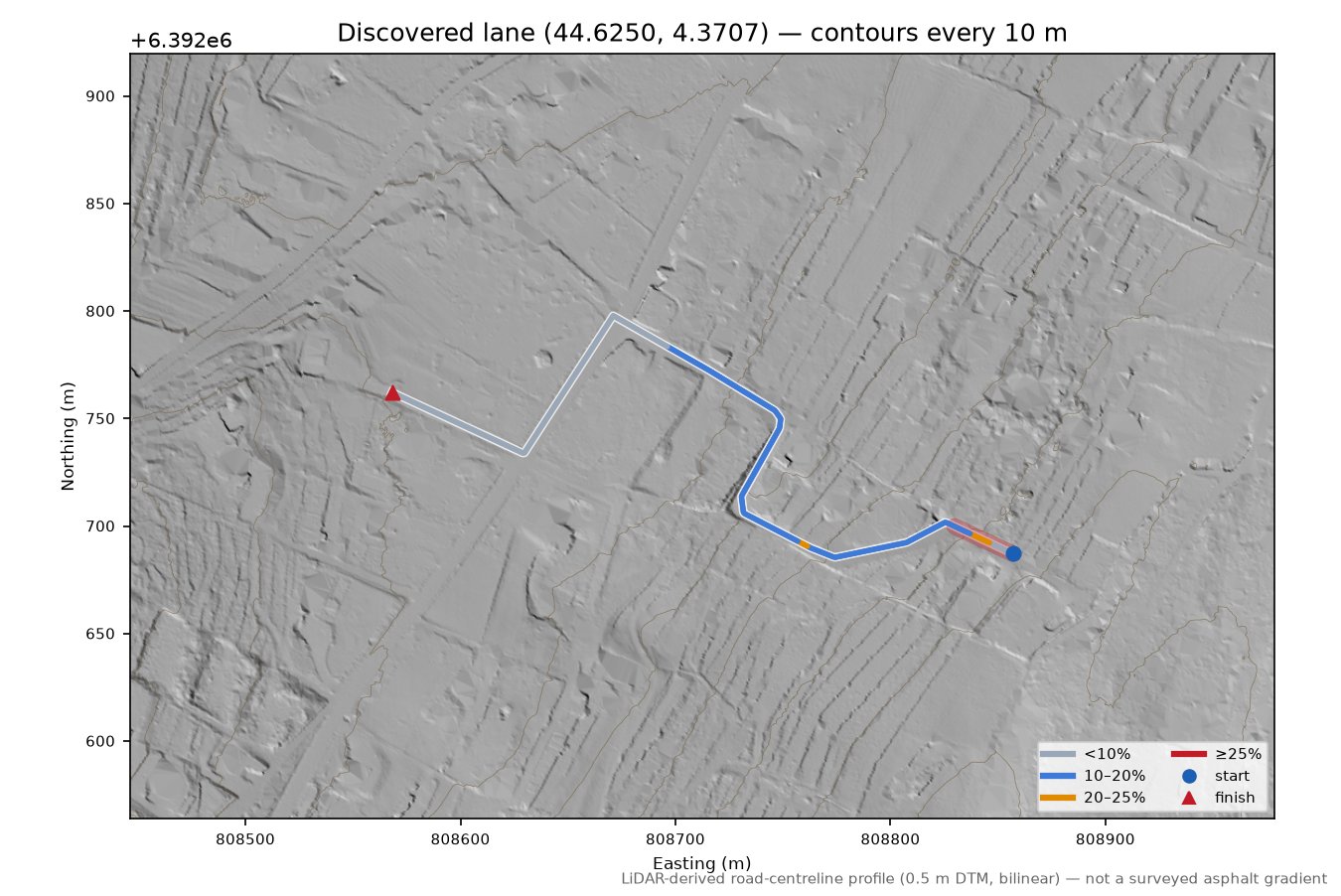 Discovered lane (44.6250, 4.3707) LiDAR hillshade map with contours