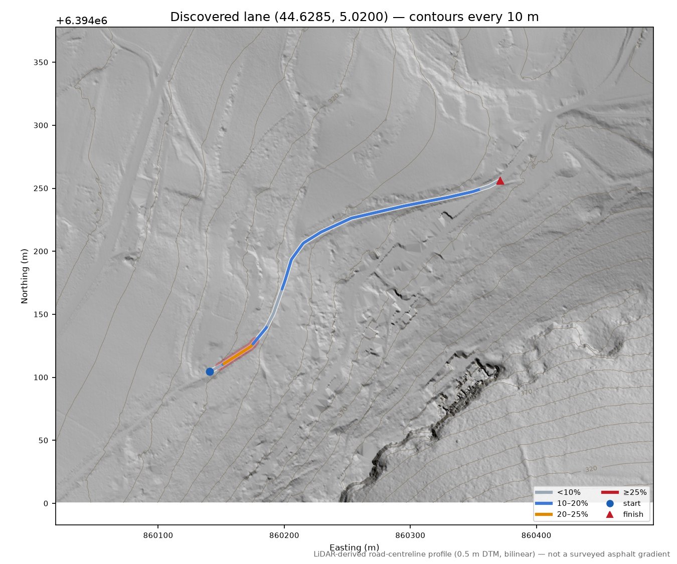 Discovered lane (44.6285, 5.0200) LiDAR hillshade map with contours