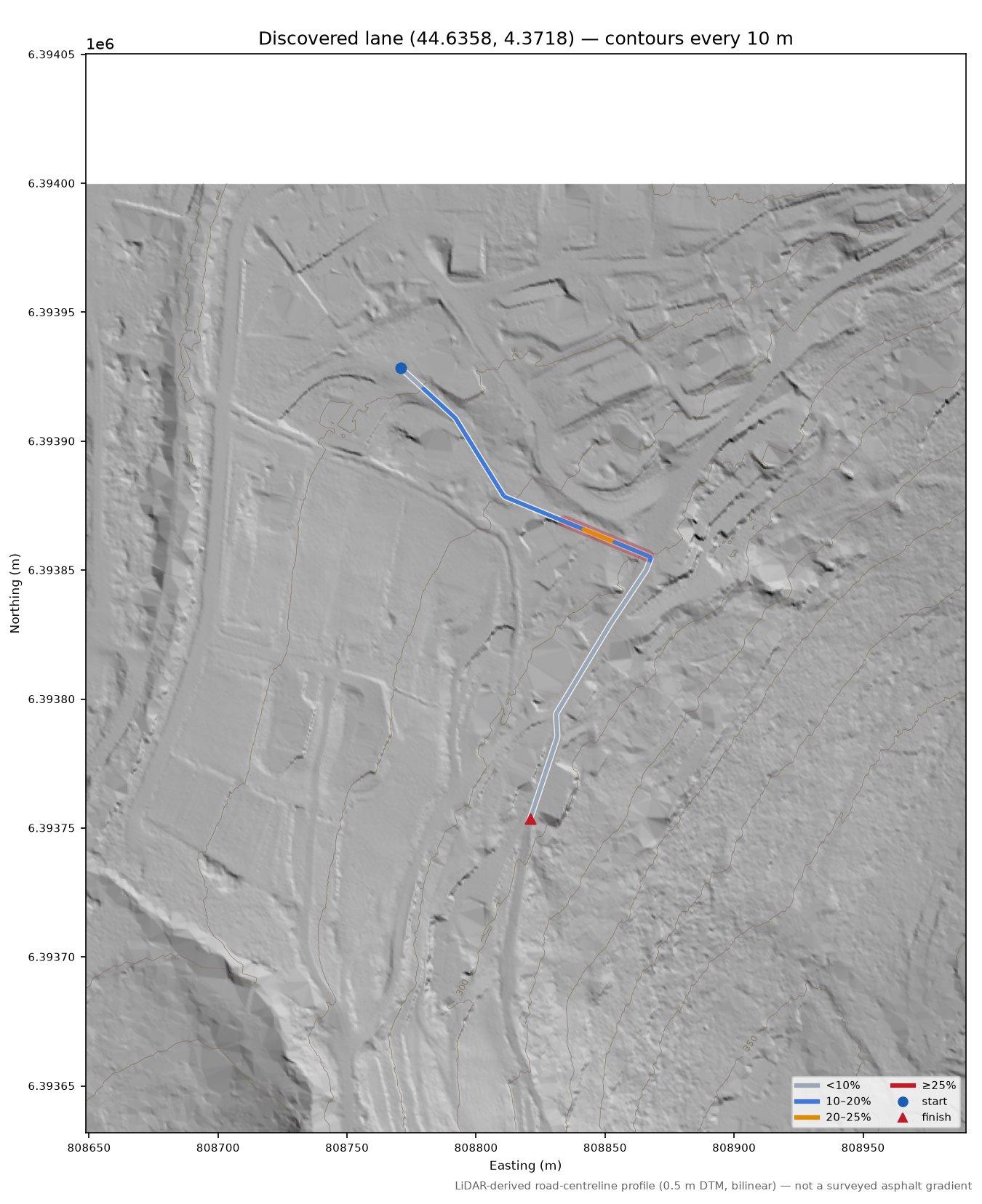 Discovered lane (44.6358, 4.3718) LiDAR hillshade map with contours
