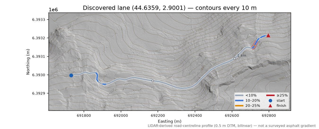 Discovered lane (44.6359, 2.9001) LiDAR hillshade map with contours