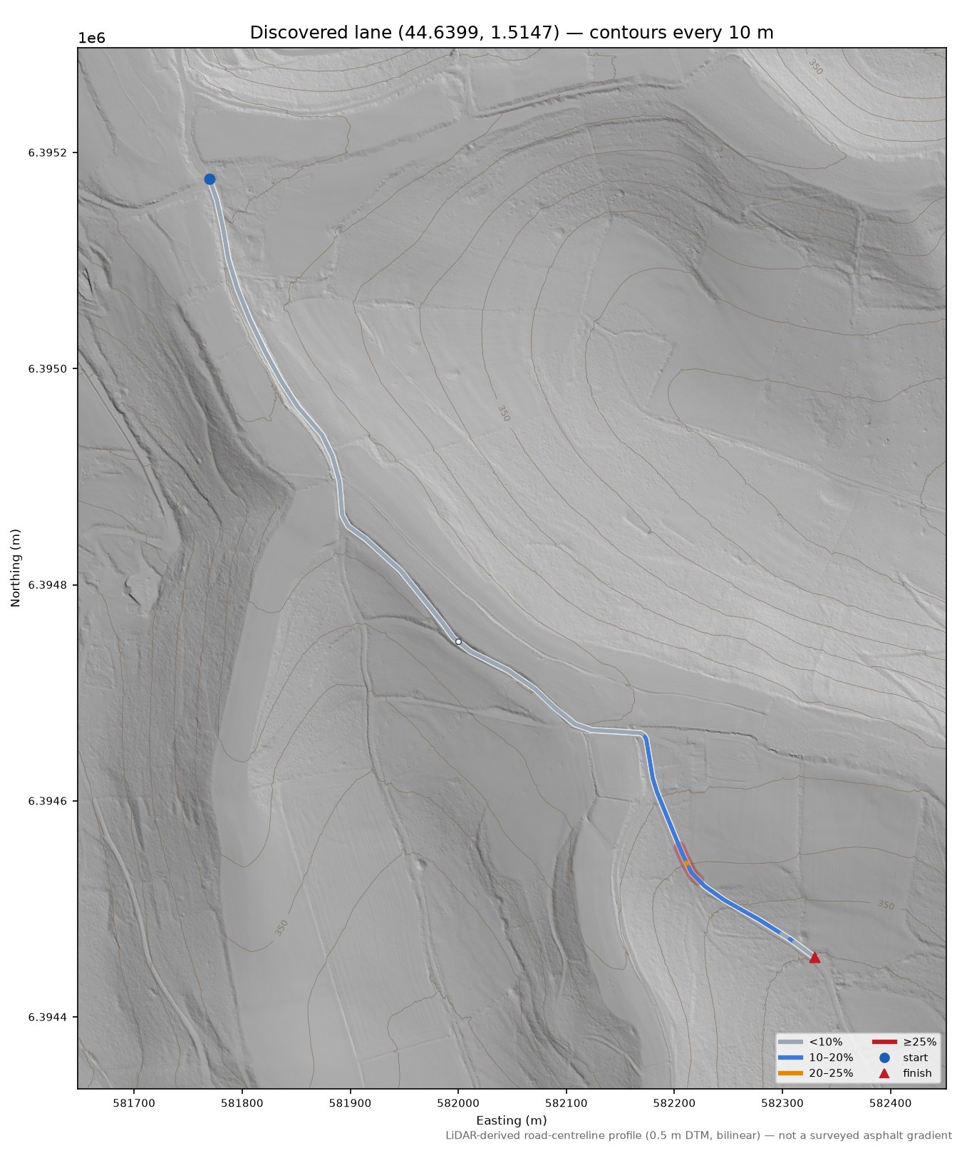 Discovered lane (44.6399, 1.5147) LiDAR hillshade map with contours