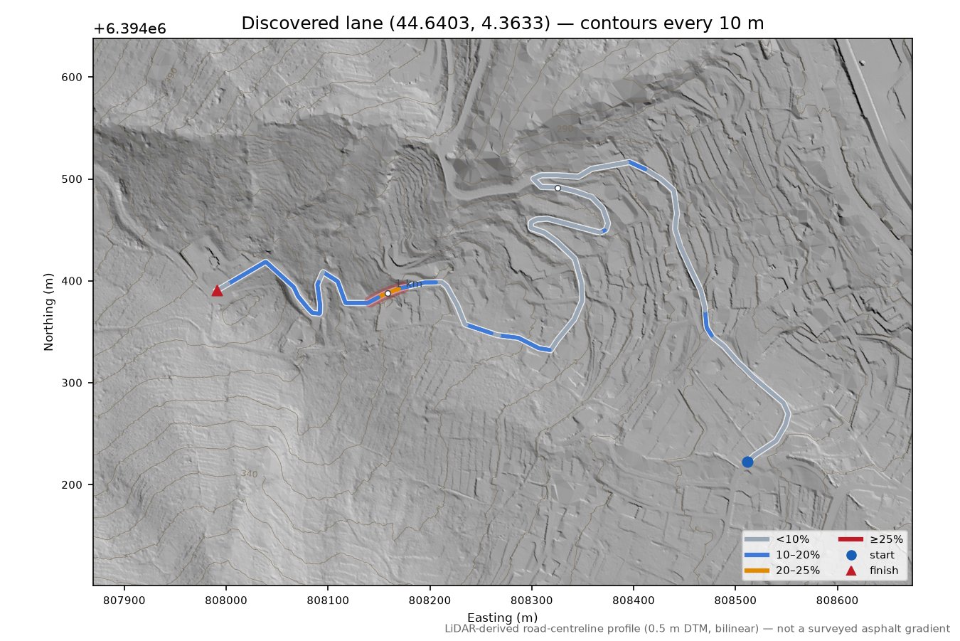 Discovered lane (44.6403, 4.3633) LiDAR hillshade map with contours
