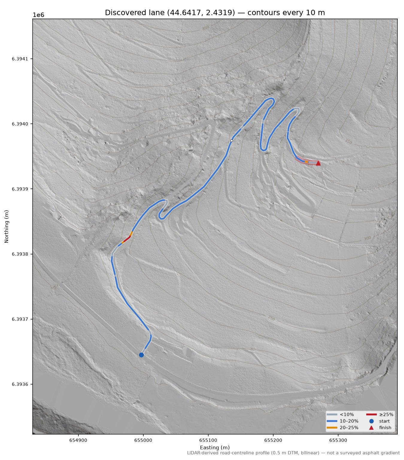 Discovered lane (44.6417, 2.4319) LiDAR hillshade map with contours