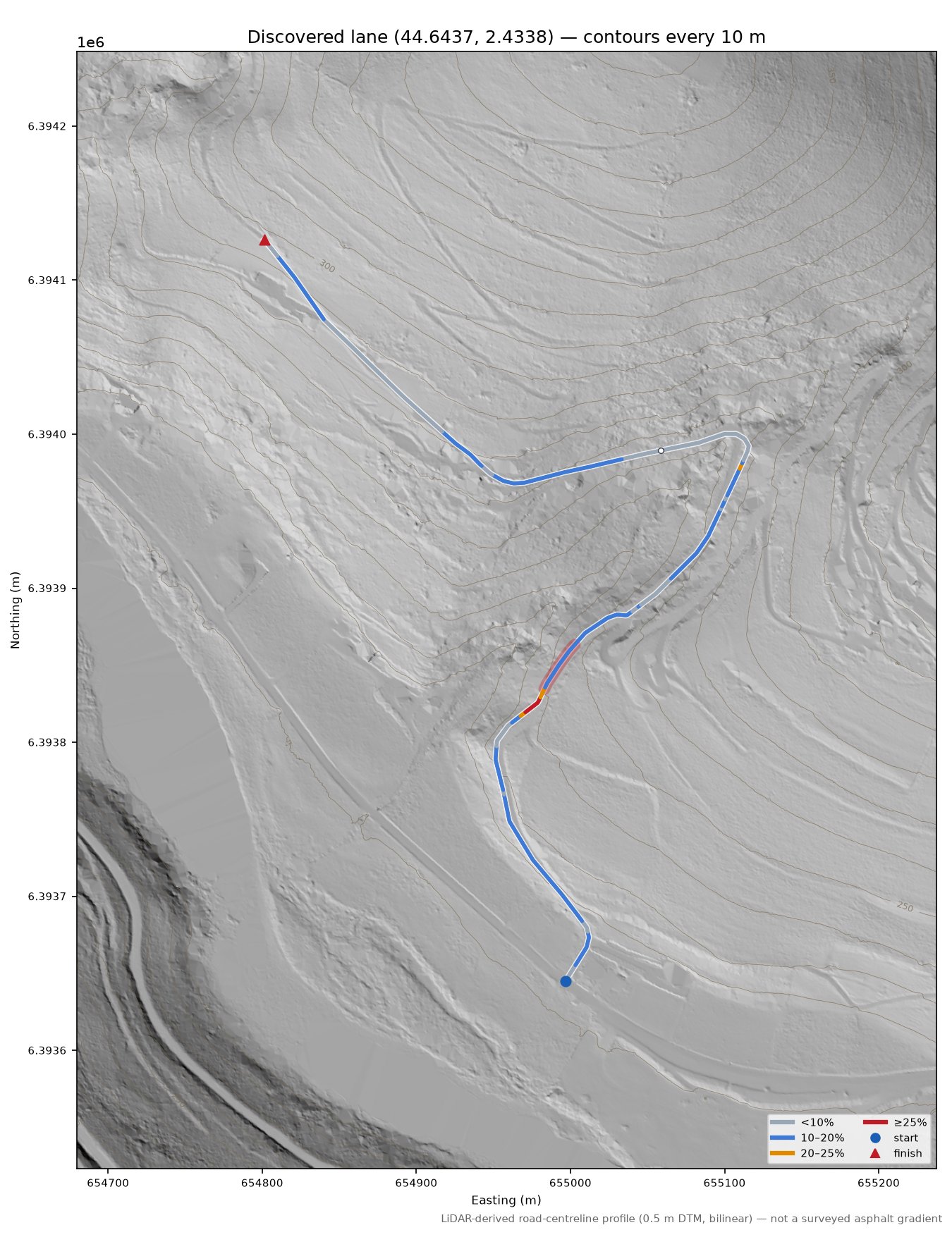 Discovered lane (44.6437, 2.4338) LiDAR hillshade map with contours
