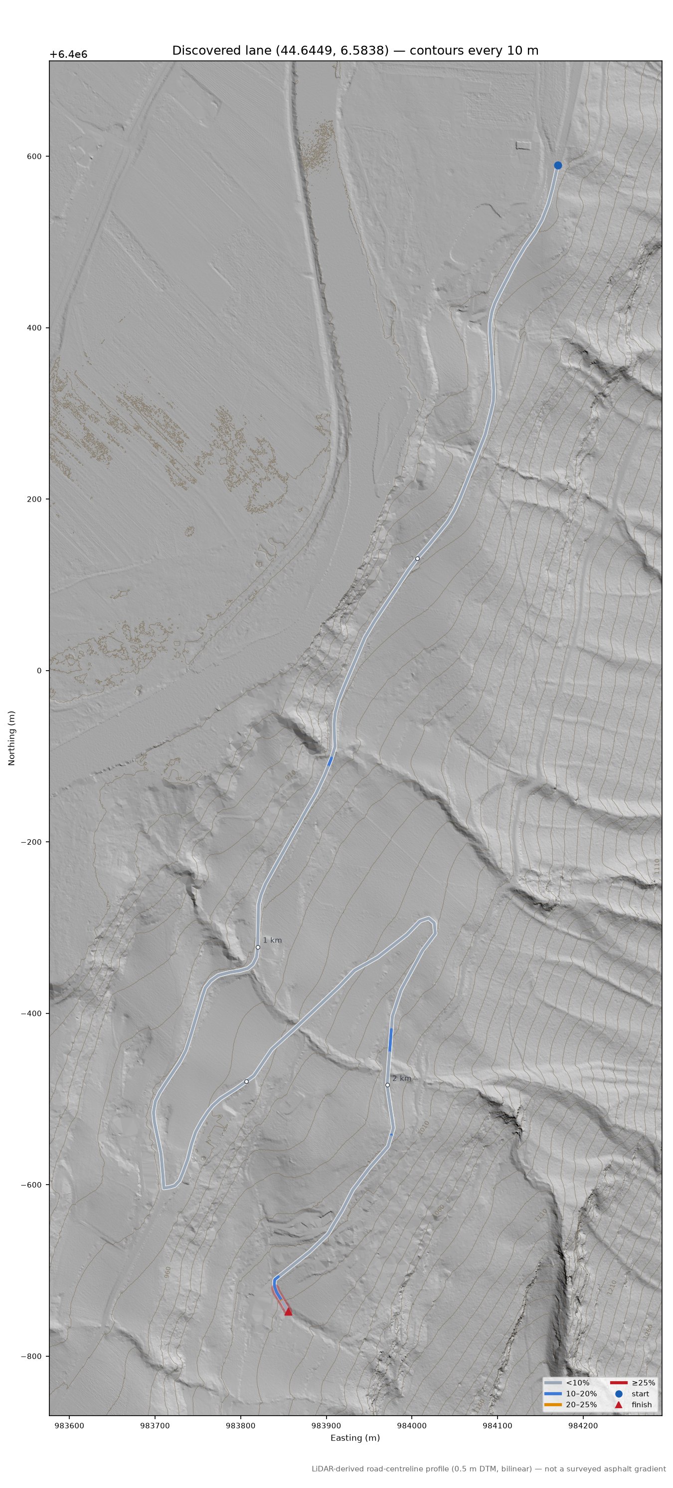 Discovered lane (44.6449, 6.5838) LiDAR hillshade map with contours