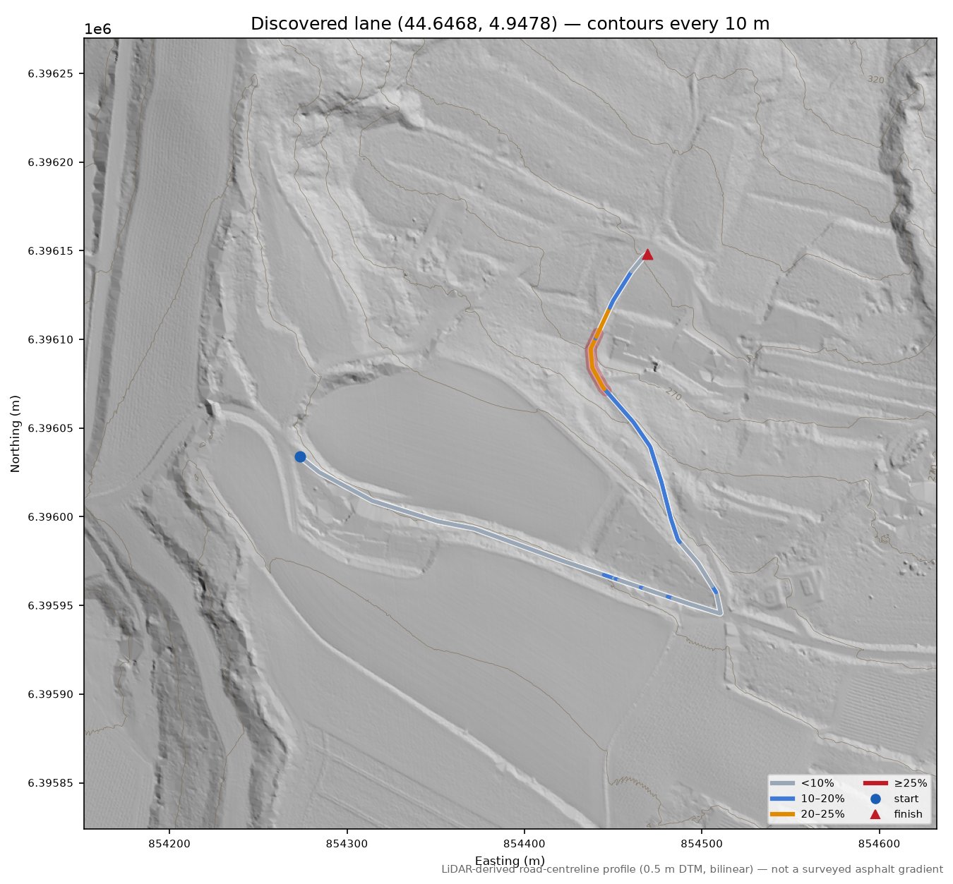 Discovered lane (44.6468, 4.9478) LiDAR hillshade map with contours
