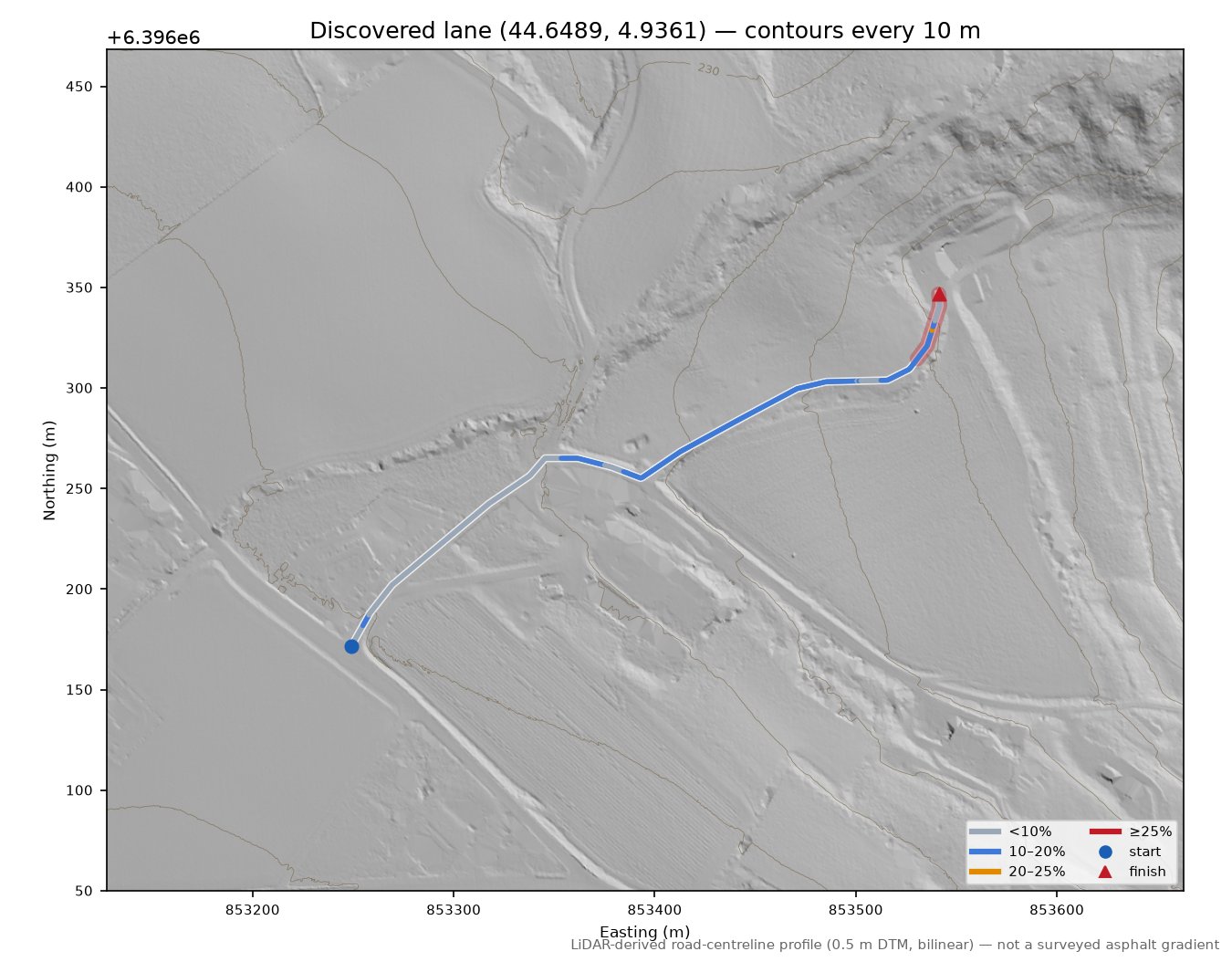 Discovered lane (44.6489, 4.9361) LiDAR hillshade map with contours