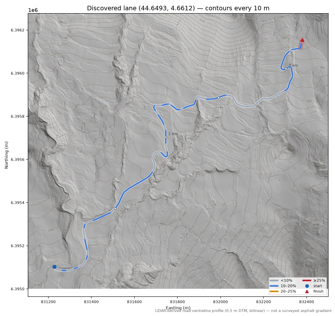 Discovered lane (44.6493, 4.6612) LiDAR hillshade map with contours