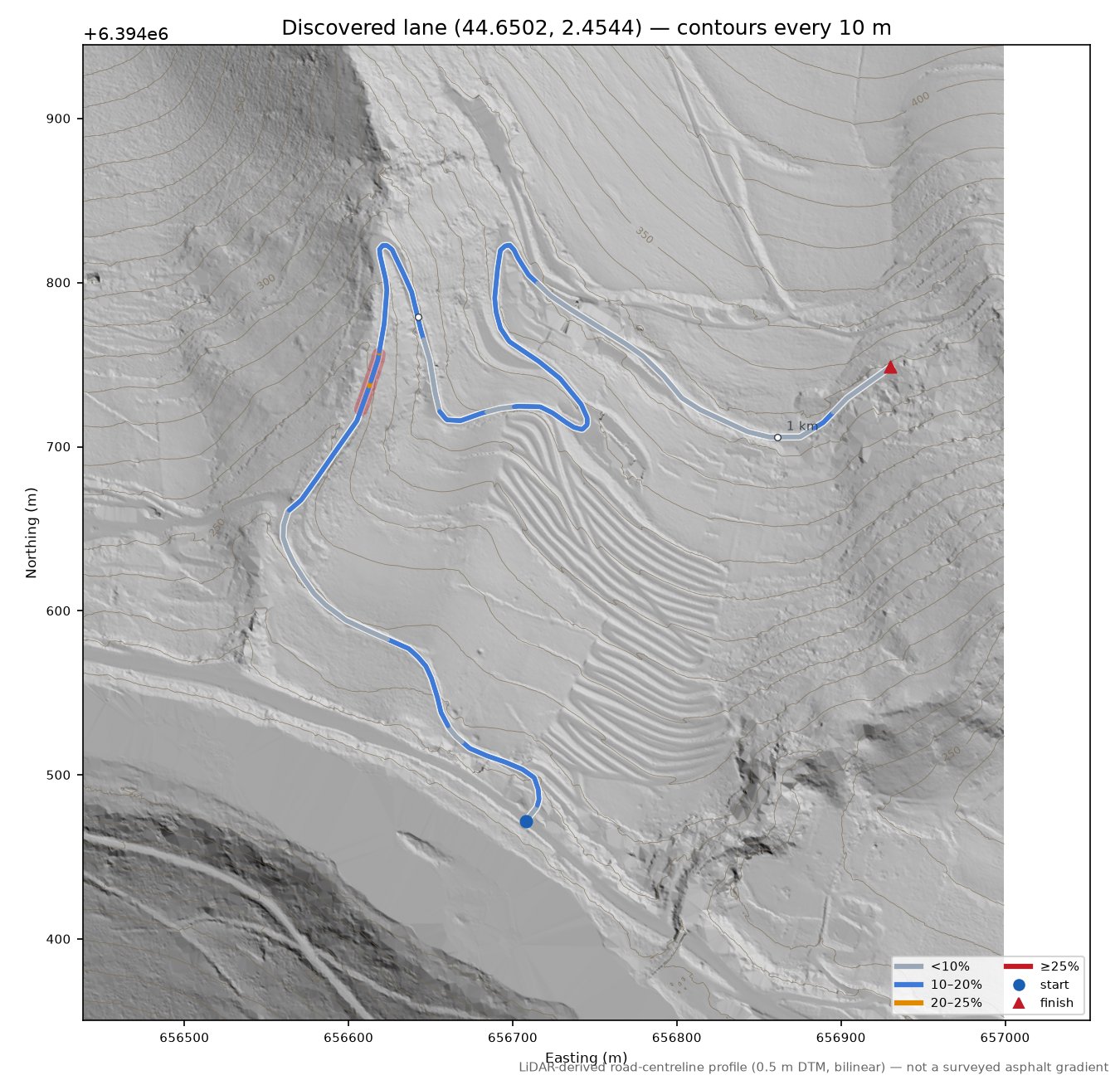 Discovered lane (44.6502, 2.4544) LiDAR hillshade map with contours
