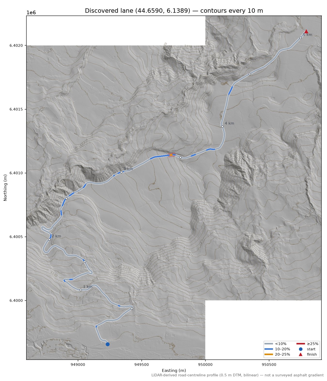 Discovered lane (44.6590, 6.1389) LiDAR hillshade map with contours