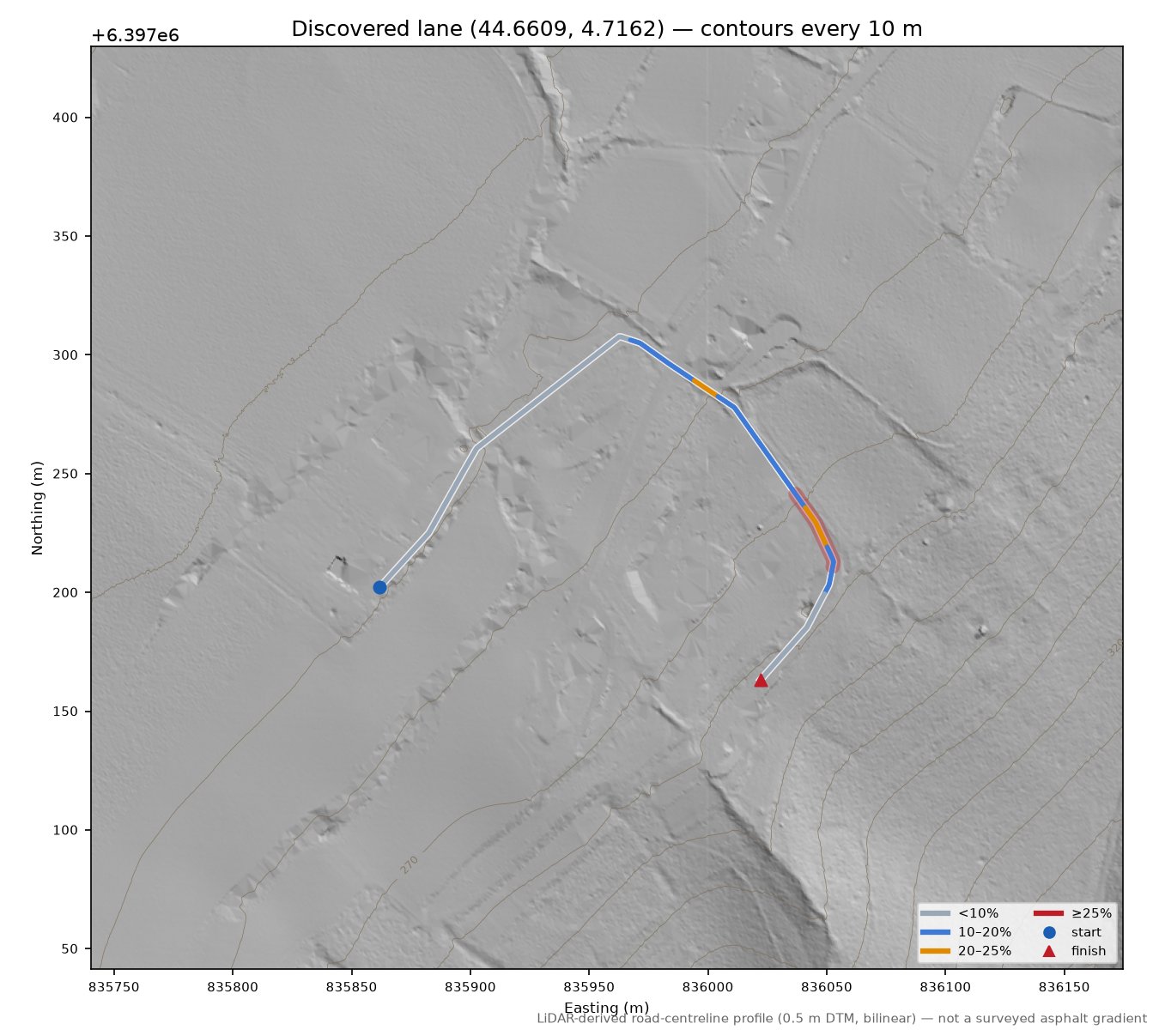 Discovered lane (44.6609, 4.7162) LiDAR hillshade map with contours