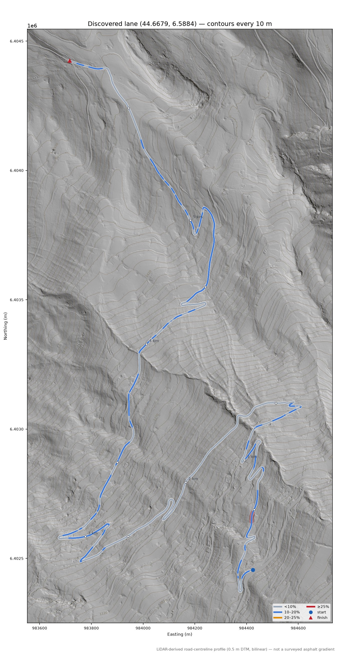 Discovered lane (44.6679, 6.5884) LiDAR hillshade map with contours